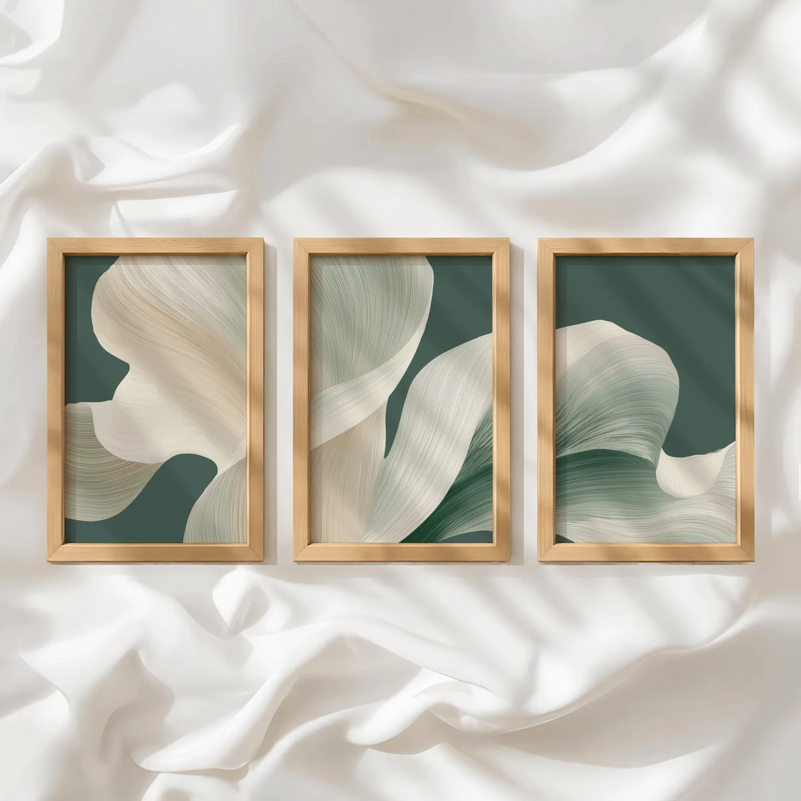 green abstract three piece wall art, in a row atop rumpled white silky fabric