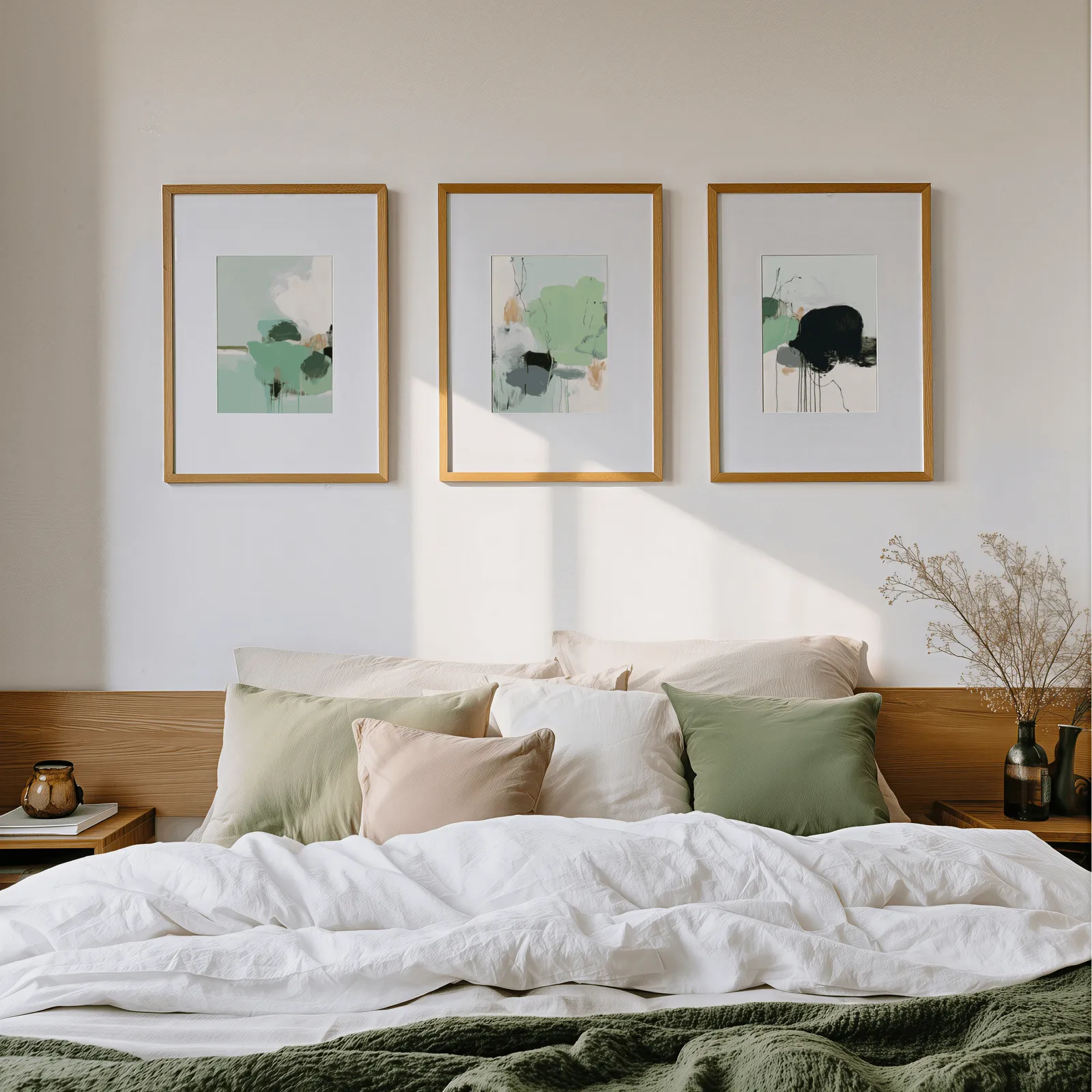 green abstract three piece wall art with black accents, above a wooden headboard scattered with sage and blush pillows