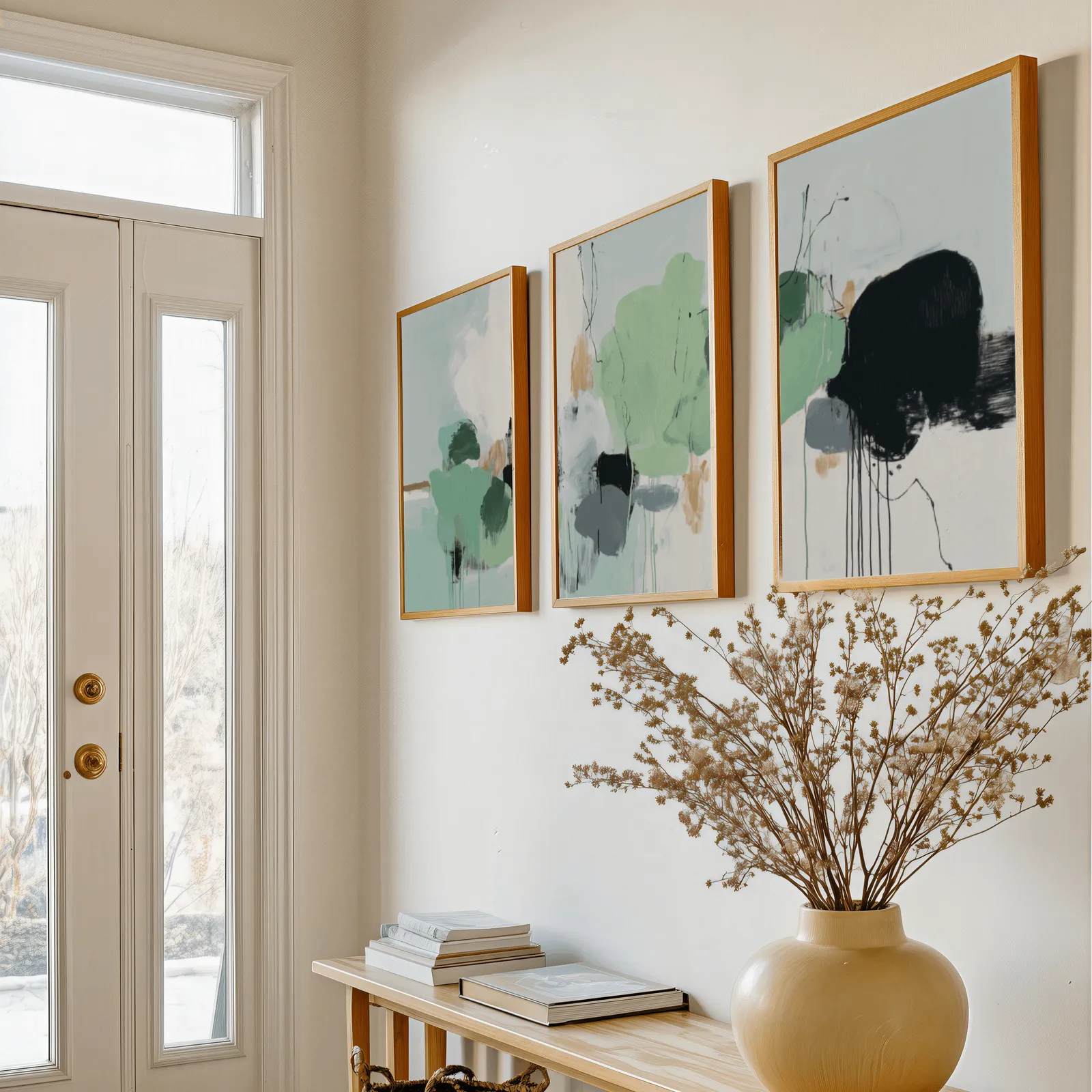 green abstract three piece wall art with black accents, above a console table with a yellow vase of dried branches