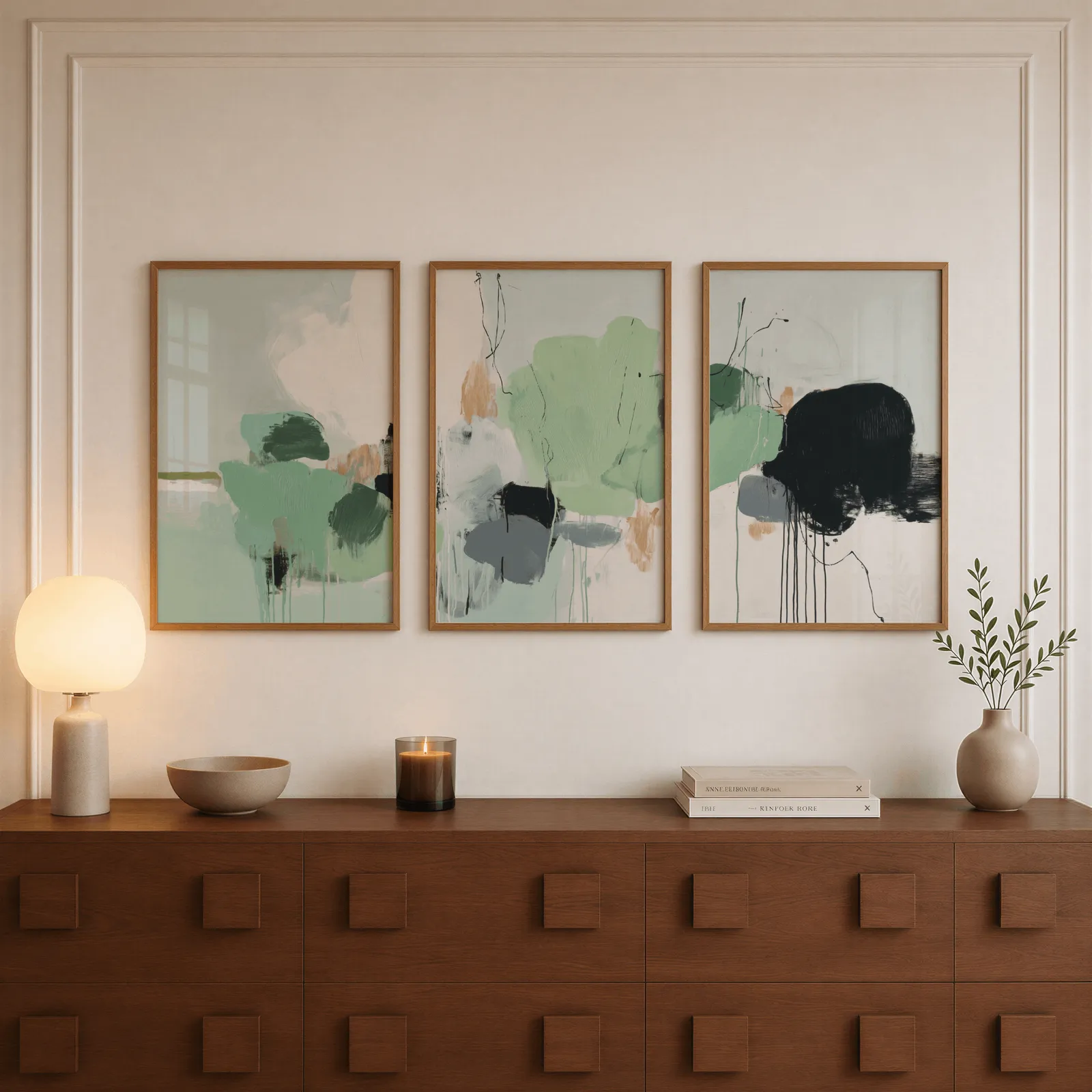 green abstract three piece wall art with black accents, above a walnut sideboard with a lit candle and glowing lamp