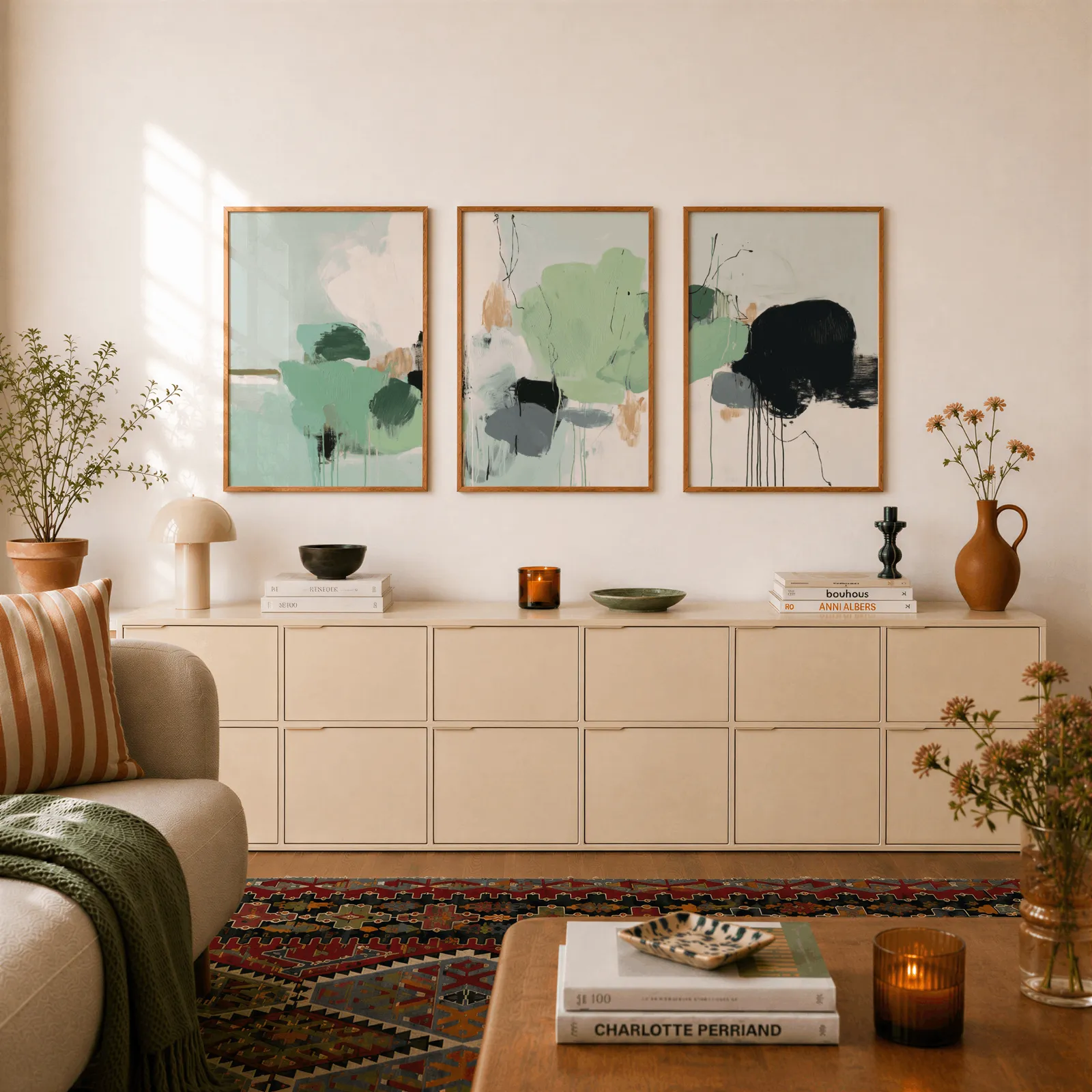 green abstract three piece wall art with black accents, above a long cream sideboard topped with books and a terracotta jug