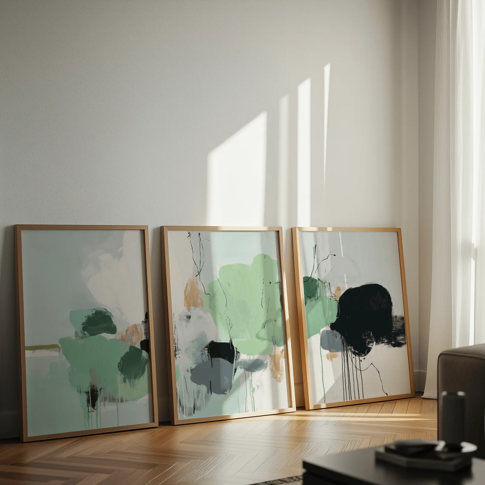 green abstract three piece wall art with black accents, leaning against a sunlit wall on herringbone flooring