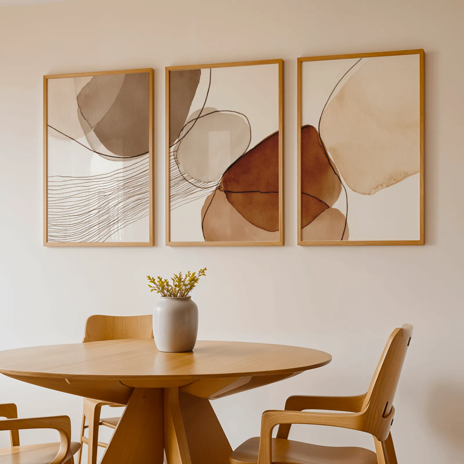 terracotta abstract wall art set of 3, above a round wooden table with a stoneware vase