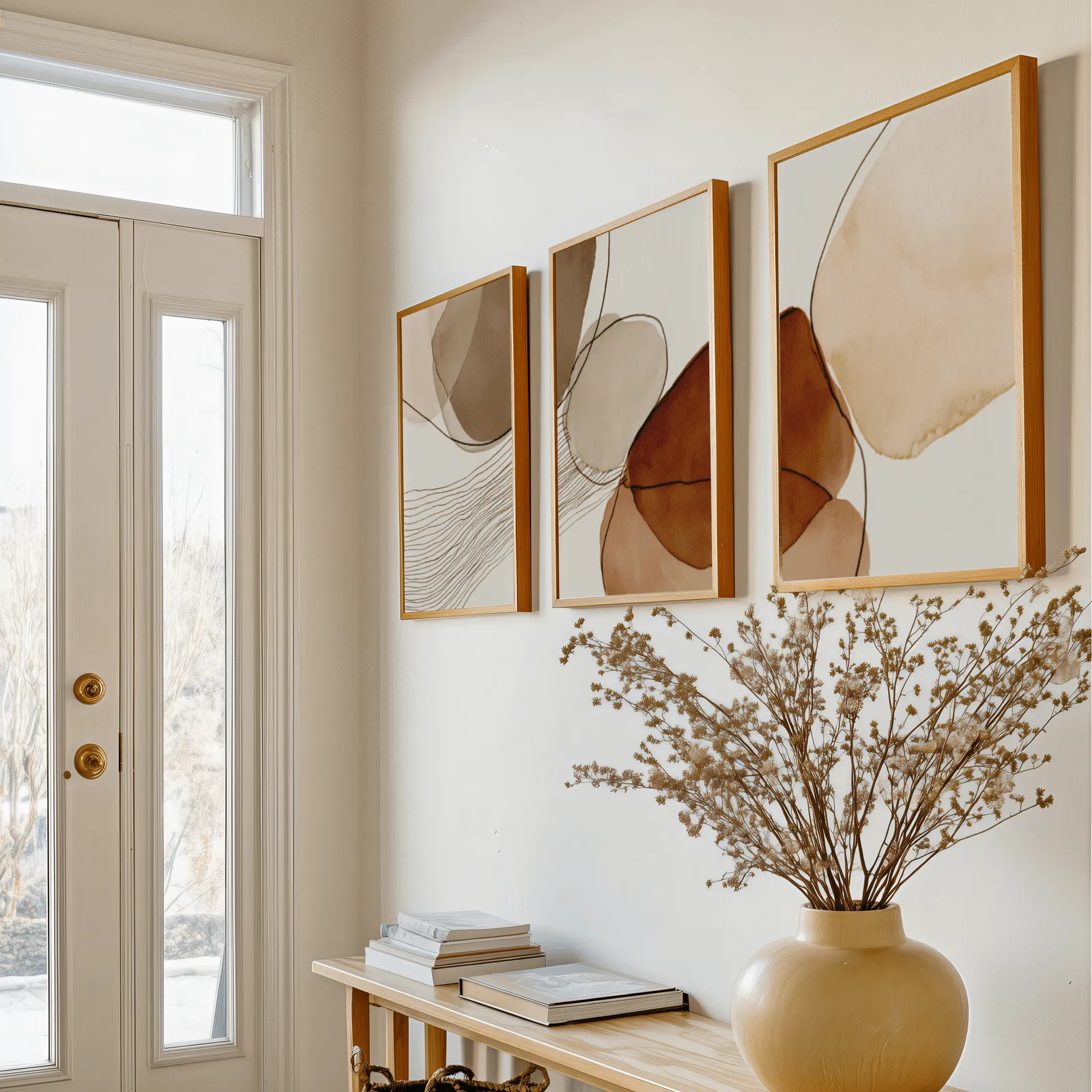 terracotta abstract wall art set of 3, above a console table with a yellow vase of dried branches