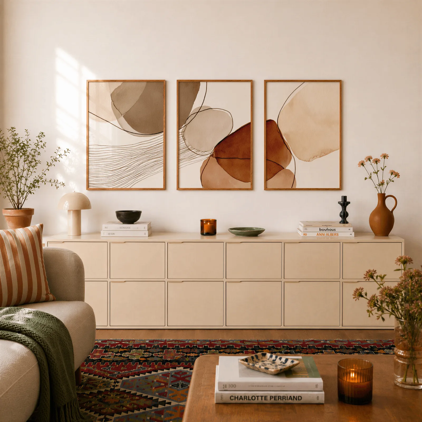 terracotta abstract wall art set of 3, above a long cream sideboard topped with books and a terracotta jug