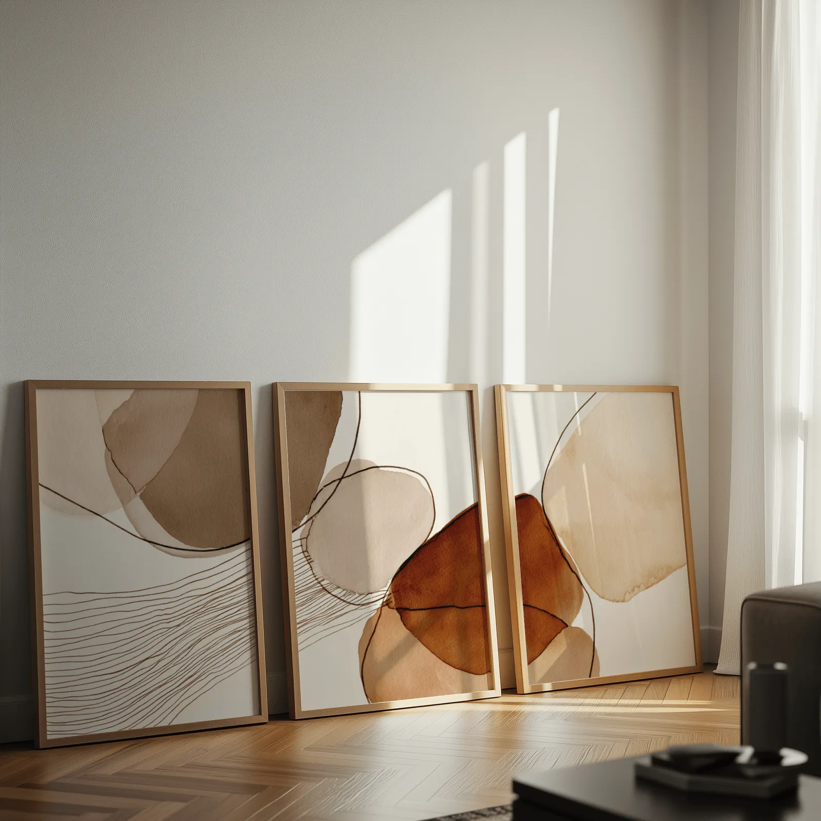 terracotta abstract wall art set of 3, leaning against a sunlit wall on herringbone flooring