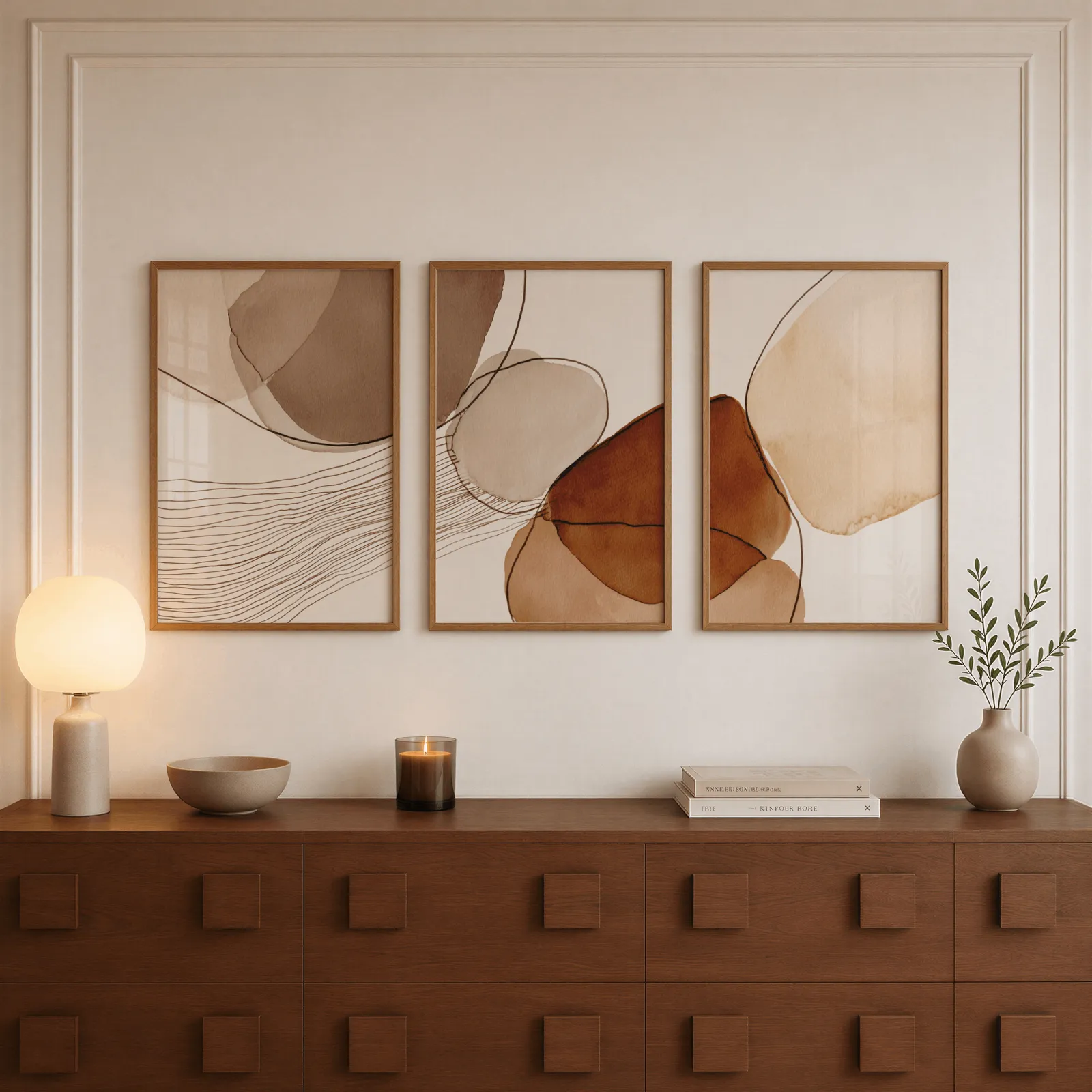 terracotta abstract wall art set of 3, above a walnut sideboard with a lit candle and glowing lamp