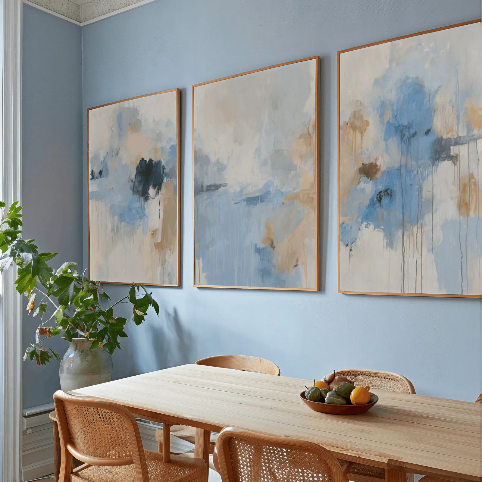 blue abstract three piece wall art, above a wooden dining table with cane chairs and a fruit bowl
