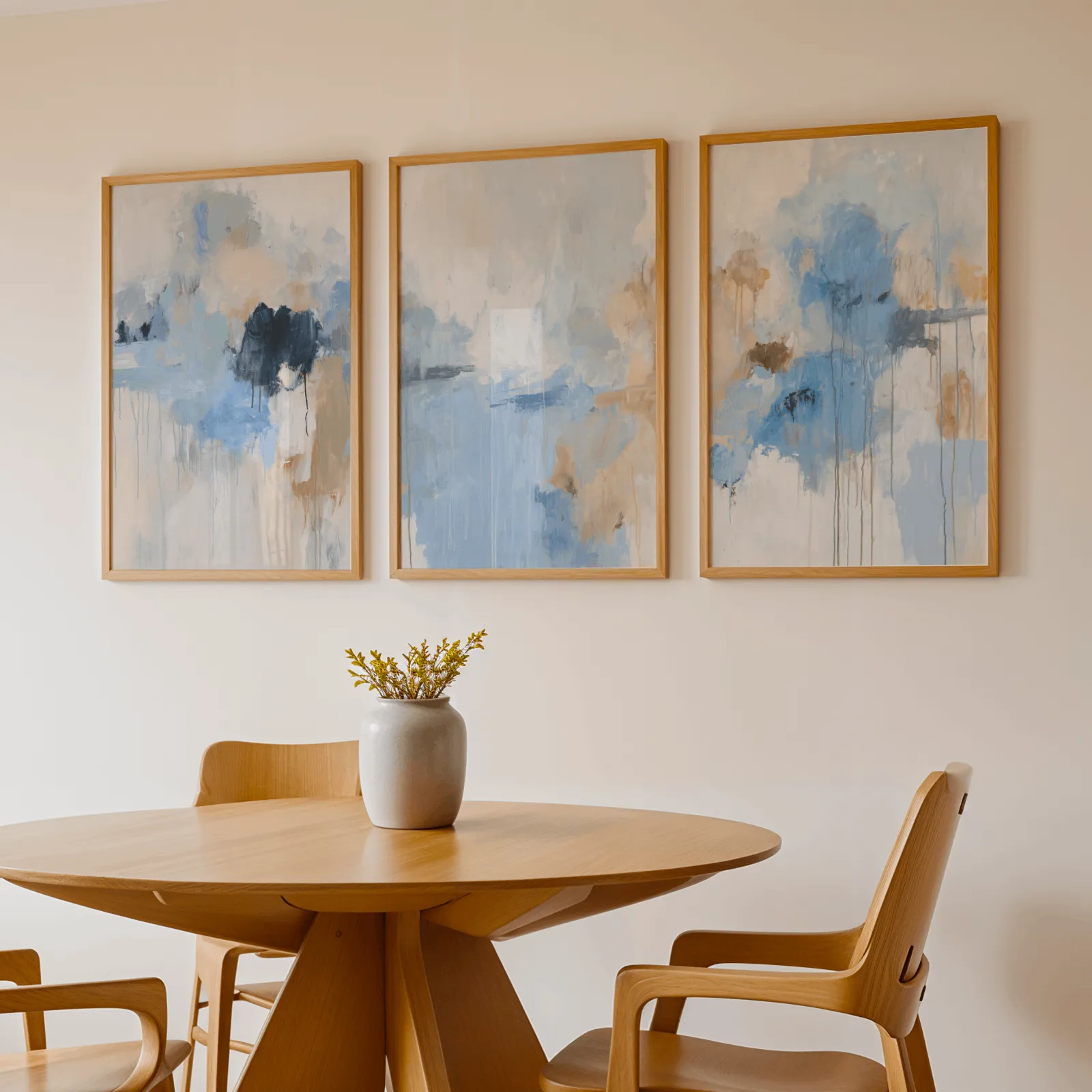 blue abstract three piece wall art, above a round wooden table with a stoneware vase
