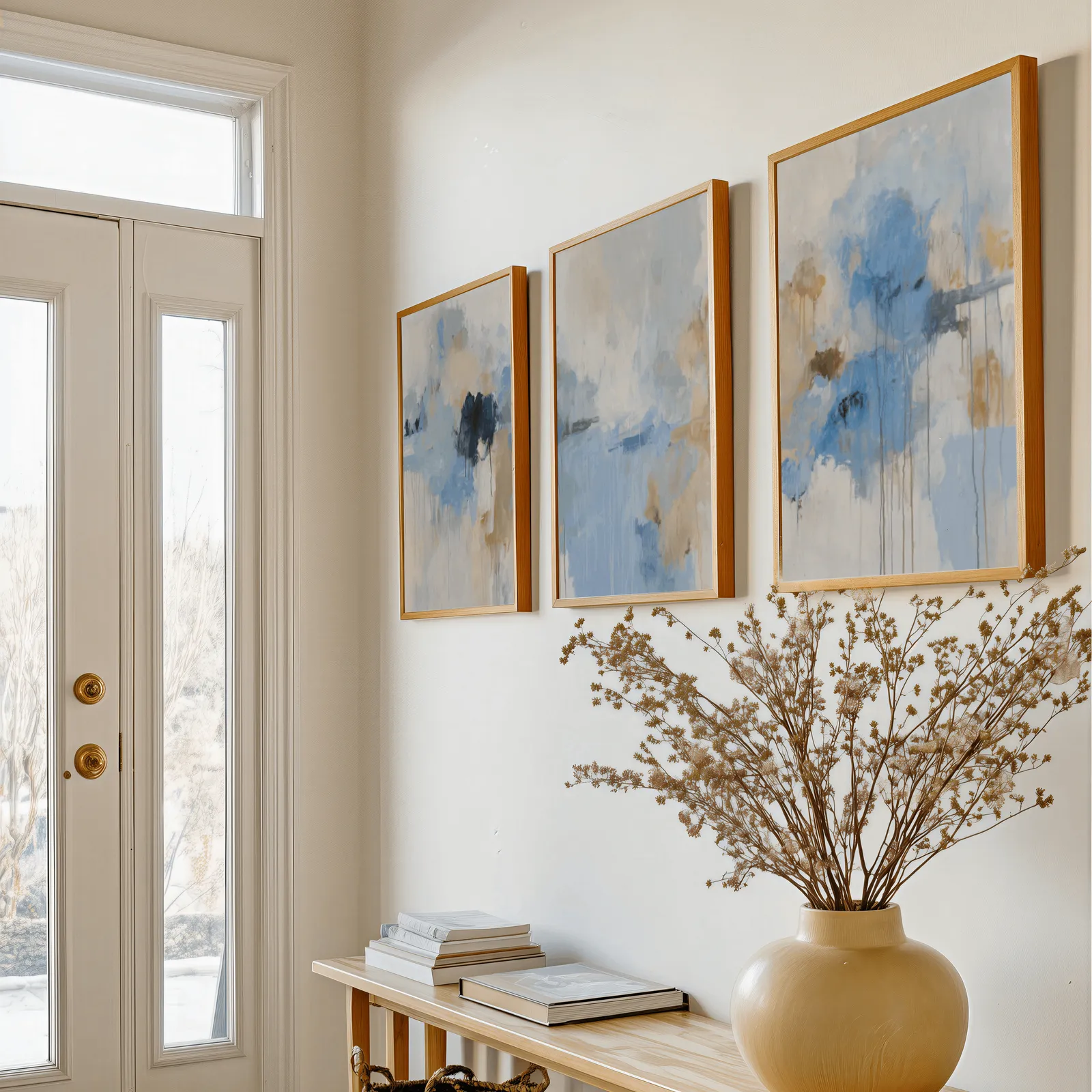 blue abstract three piece wall art, above a console table with a yellow vase of dried branches