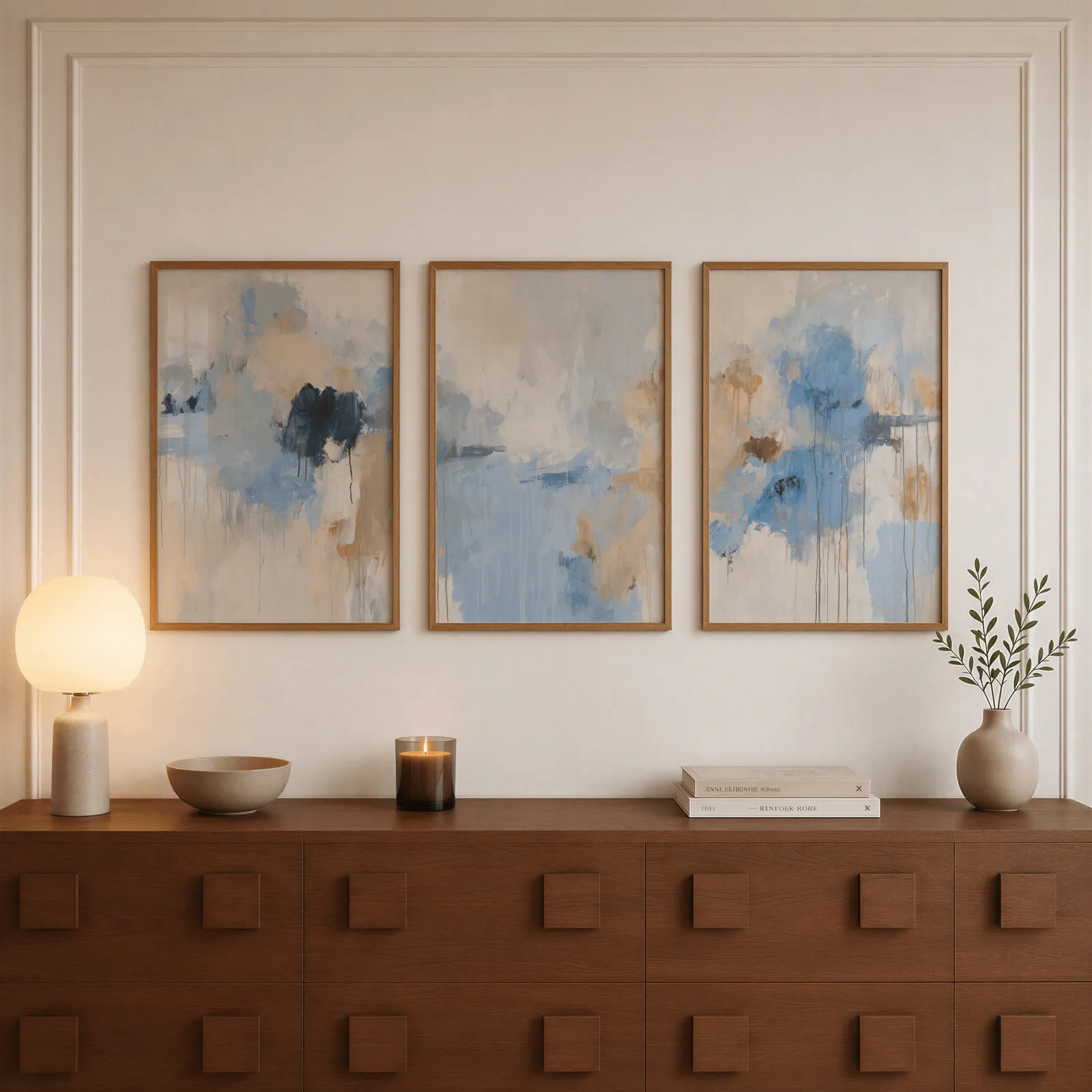 blue abstract three piece wall art, above a walnut sideboard with a lit candle and glowing lamp
