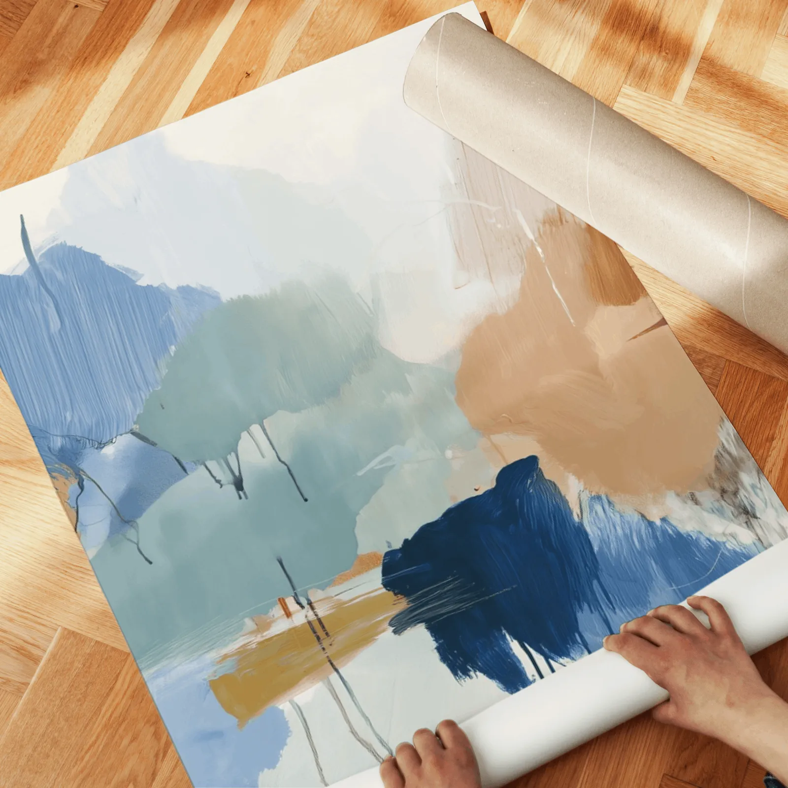 blue and terracotta abstract triptych wall art, unrolled across a herringbone wood floor by hand