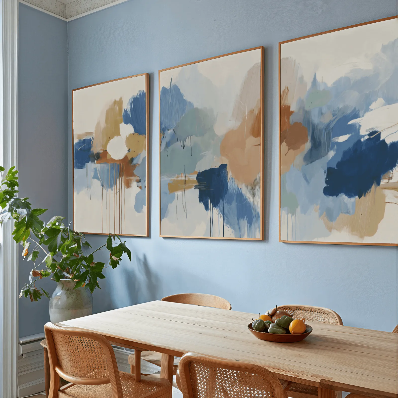 blue and terracotta abstract triptych wall art, above a wooden dining table with cane chairs and a fruit bowl