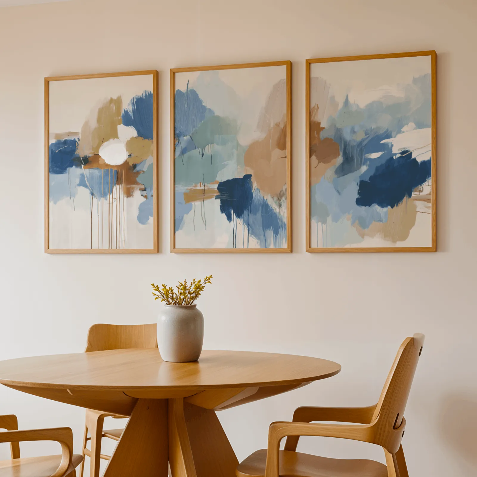 blue and terracotta abstract triptych wall art, above a round wooden table with a stoneware vase