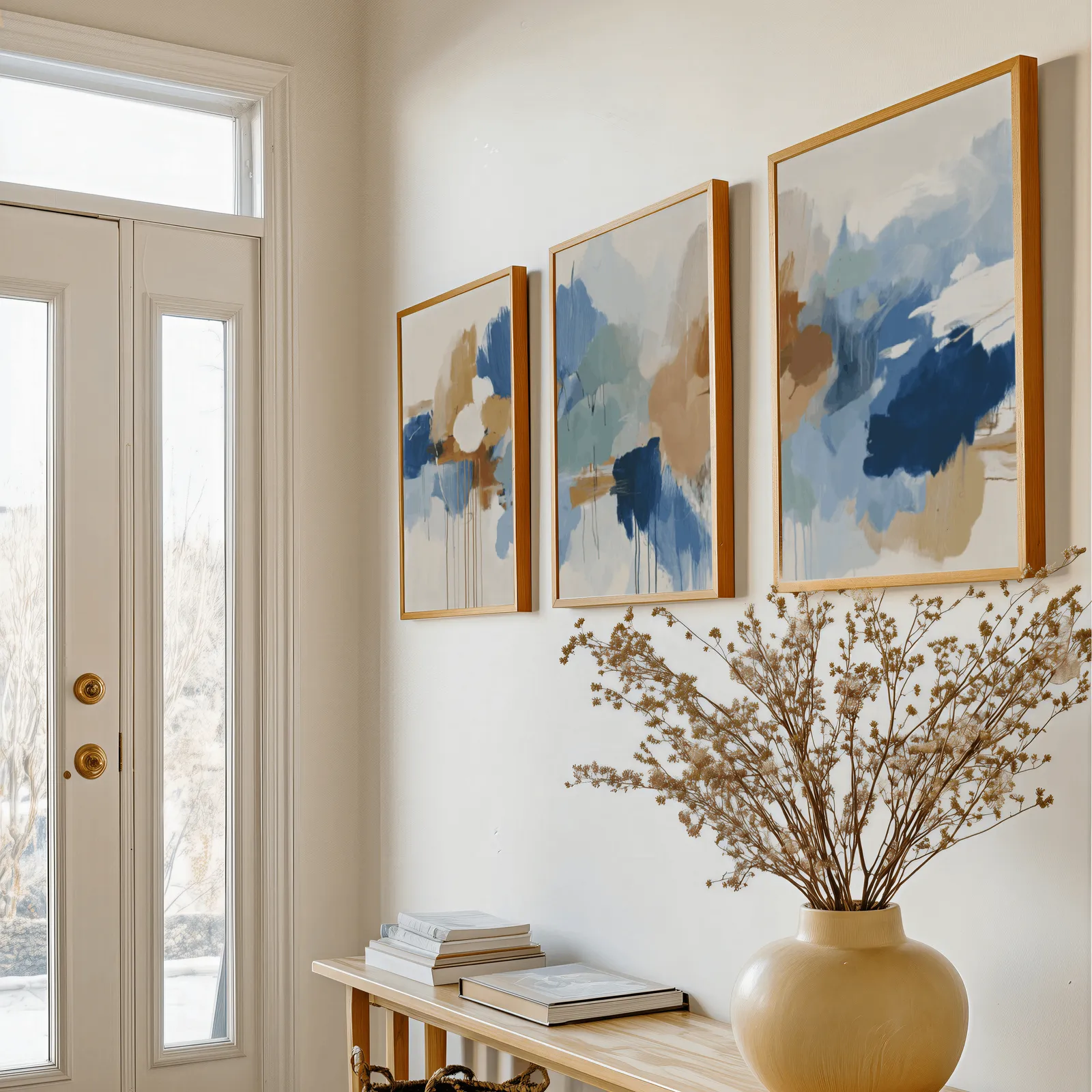 blue and terracotta abstract triptych wall art, above a console table with a yellow vase of dried branches