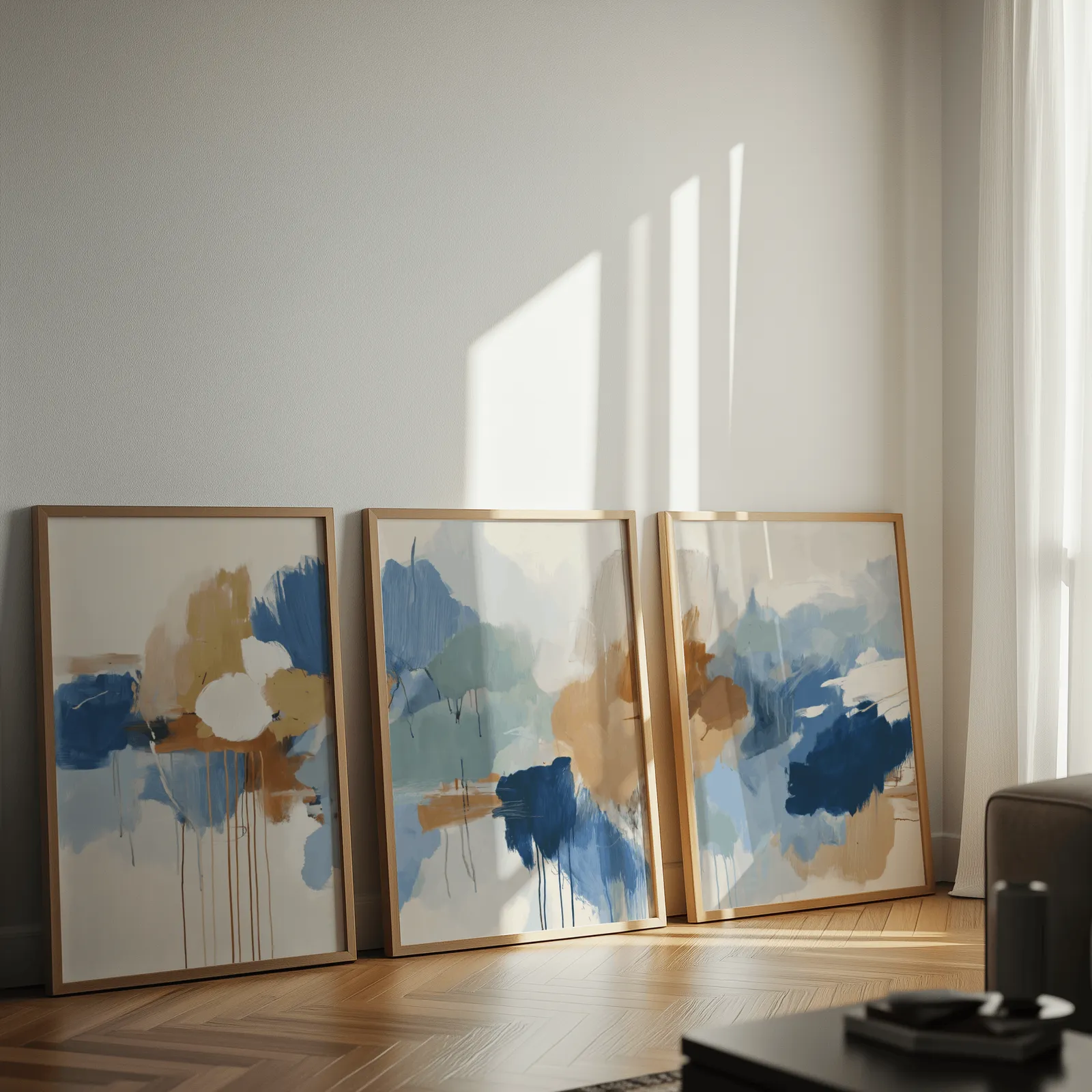 blue and terracotta abstract triptych wall art, leaning against a sunlit wall on herringbone flooring