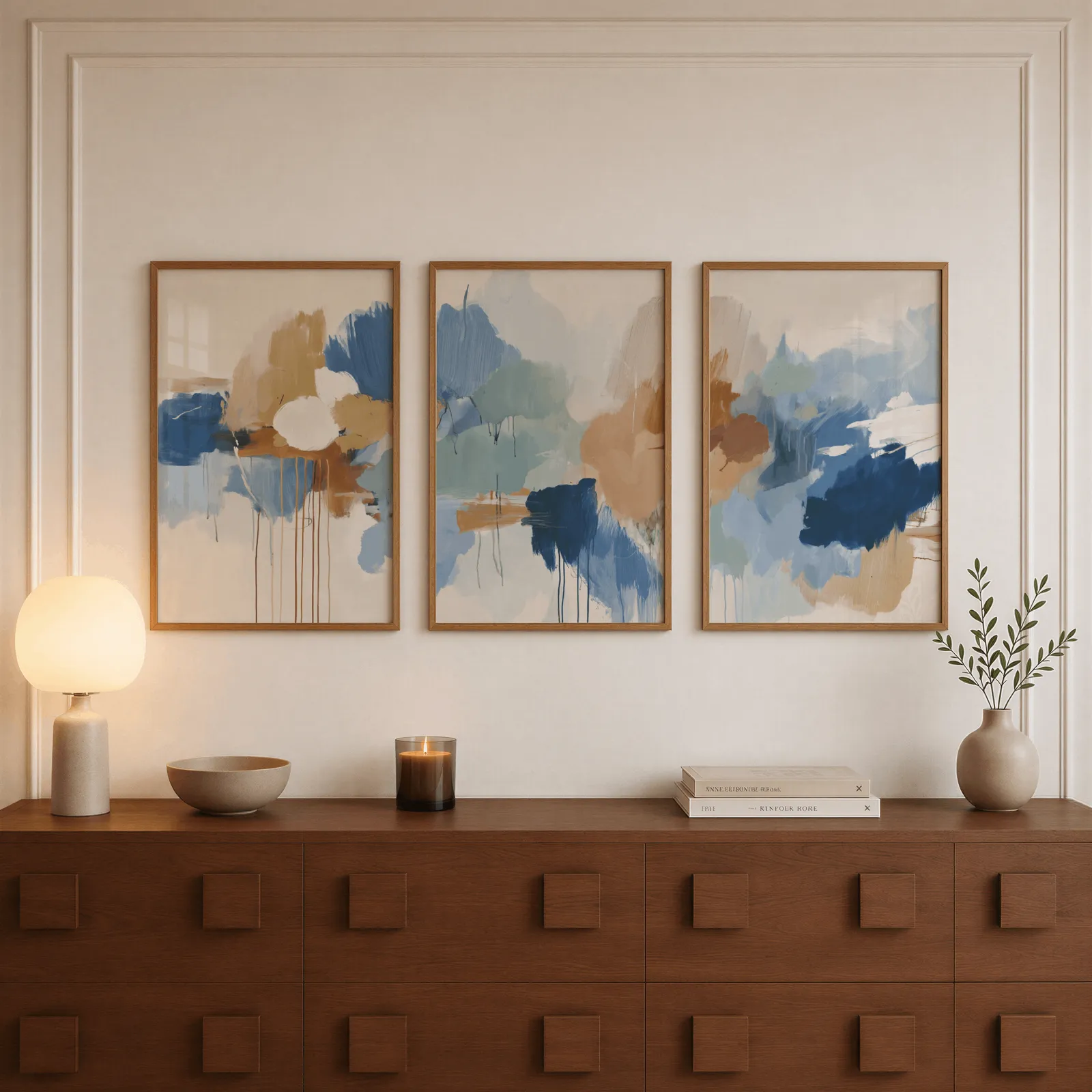 blue and terracotta abstract triptych wall art, above a walnut sideboard with a lit candle and glowing lamp