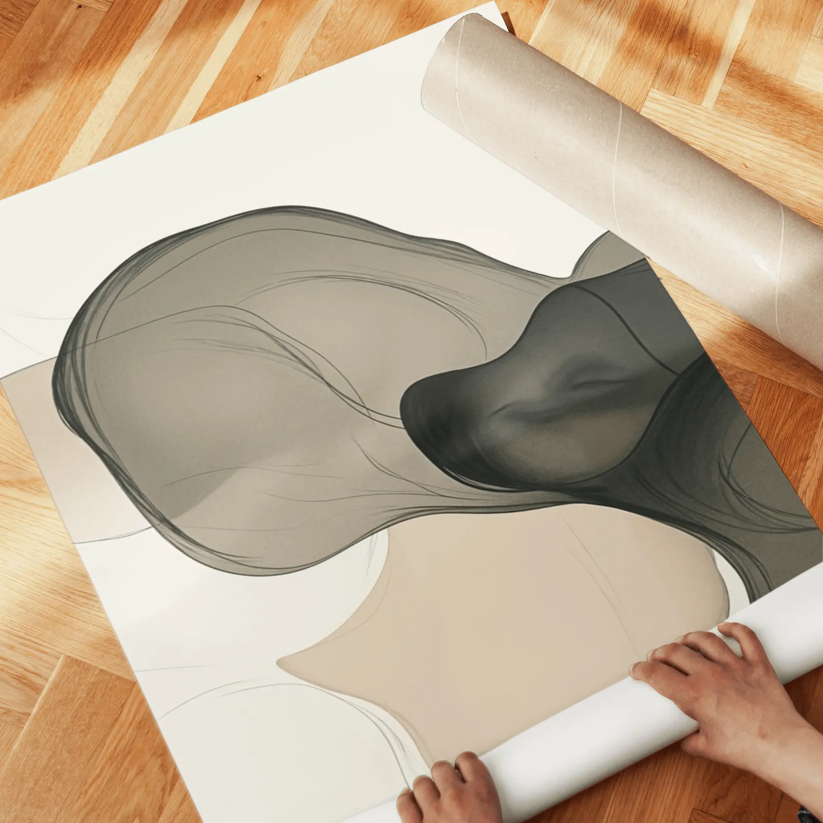 beige grey abstract set of 3 wall art, unrolled across a herringbone wood floor by hand