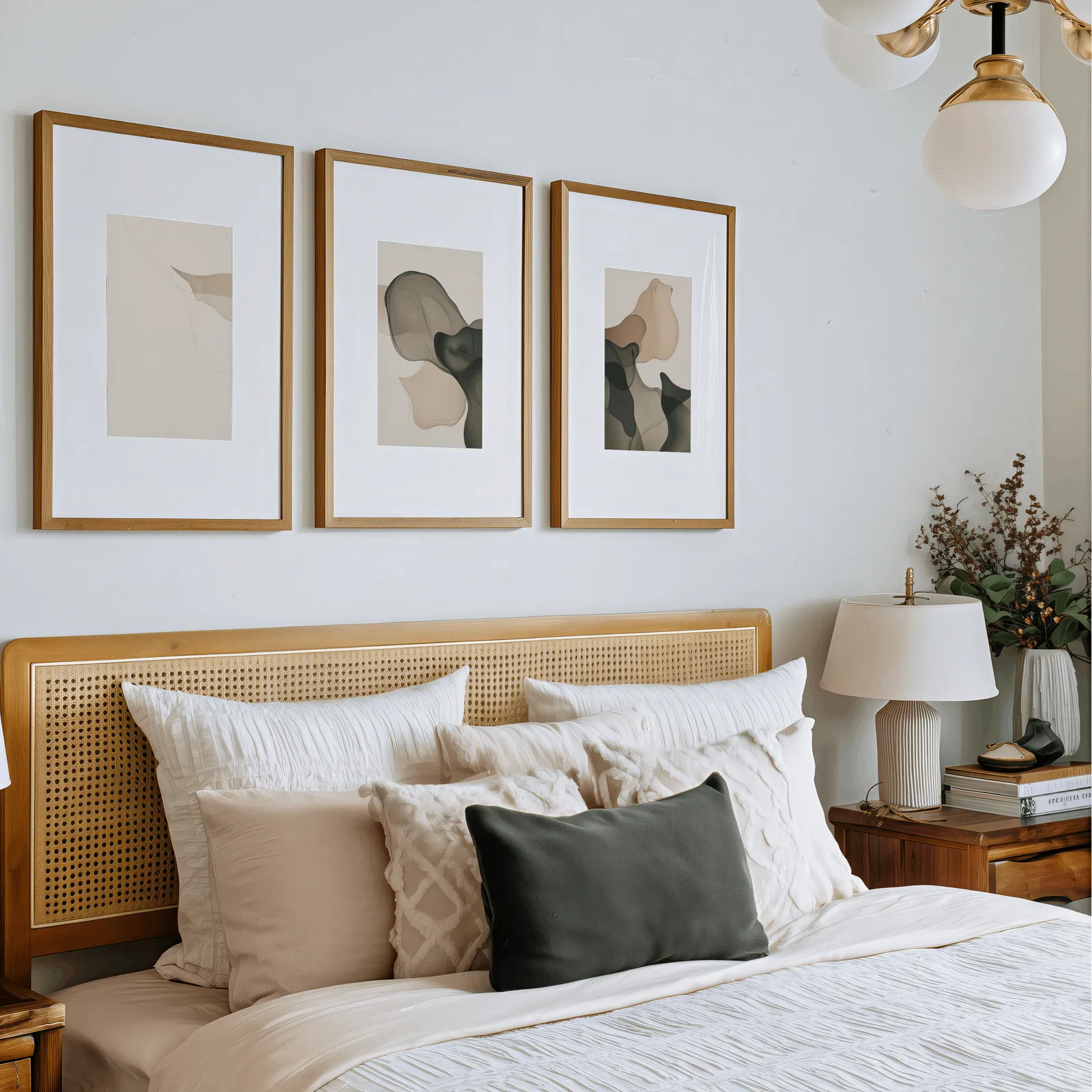 beige grey abstract set of 3 wall art, above a rattan headboard piled with pillows