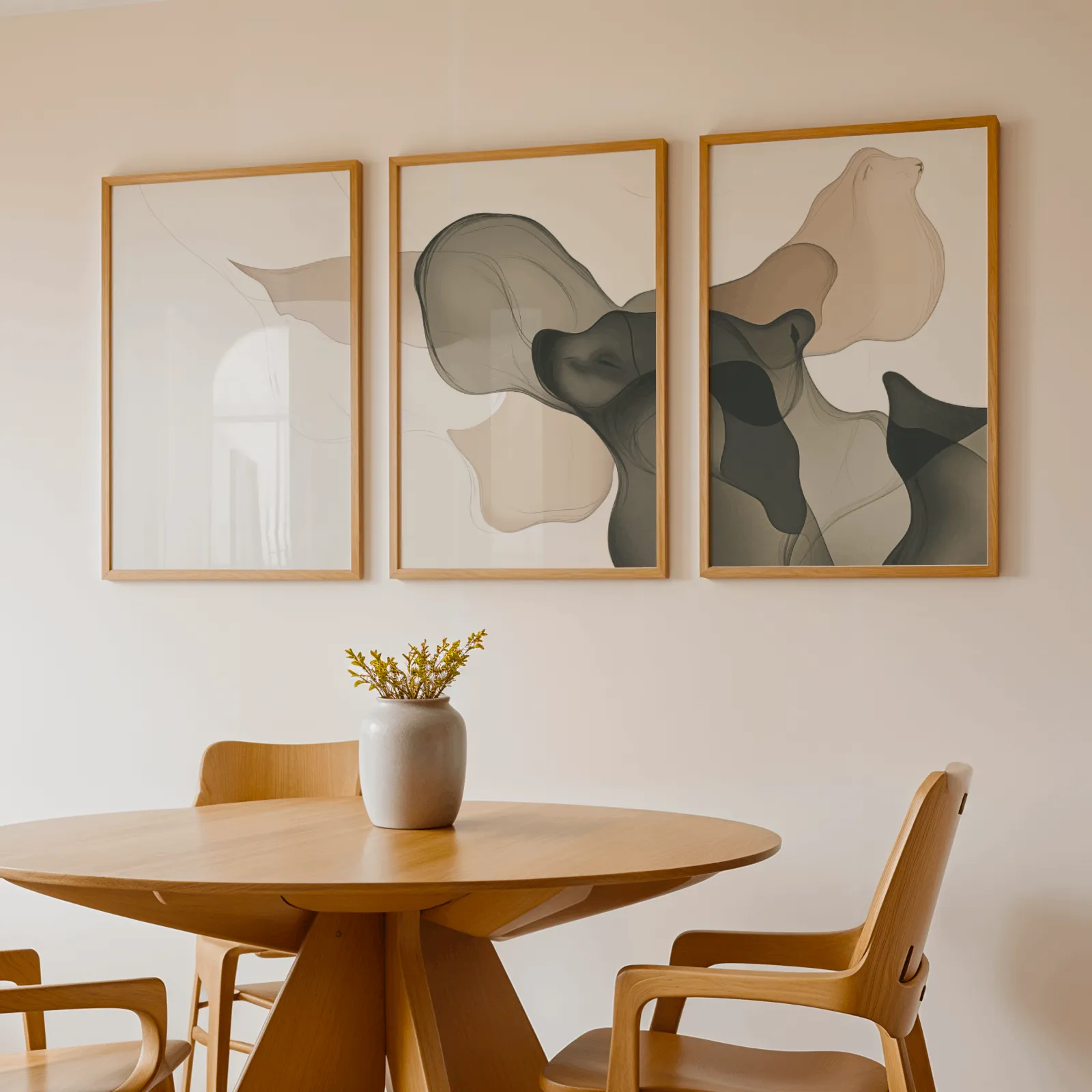 beige grey abstract set of 3 wall art, above a round wooden table with a stoneware vase