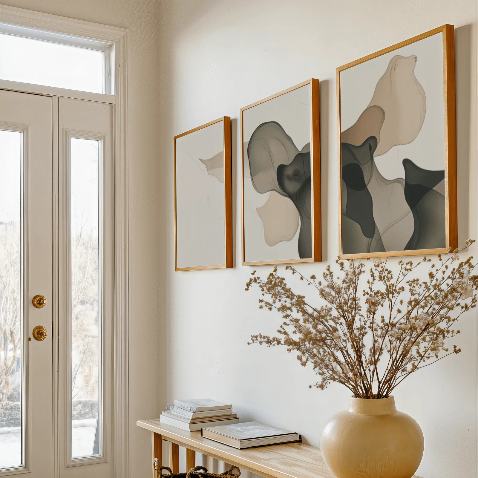 beige grey abstract set of 3 wall art, above a console table with a yellow vase of dried branches