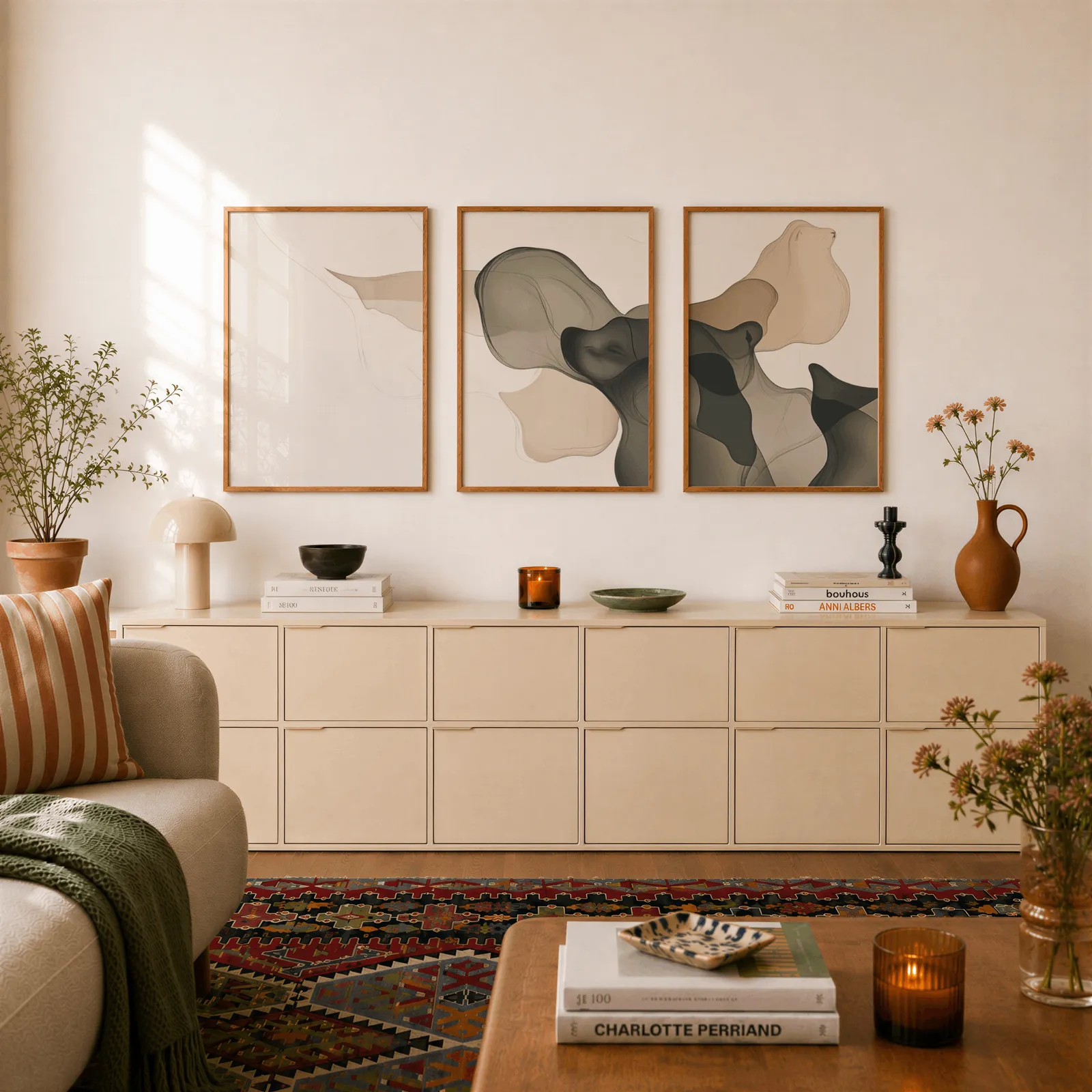 beige grey abstract set of 3 wall art, above a long cream sideboard topped with books and a terracotta jug
