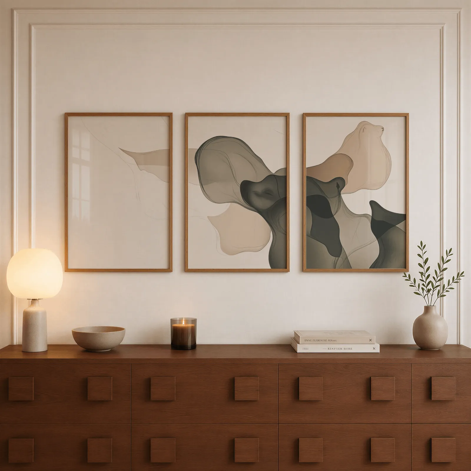 beige grey abstract set of 3 wall art, above a walnut sideboard with a lit candle and glowing lamp