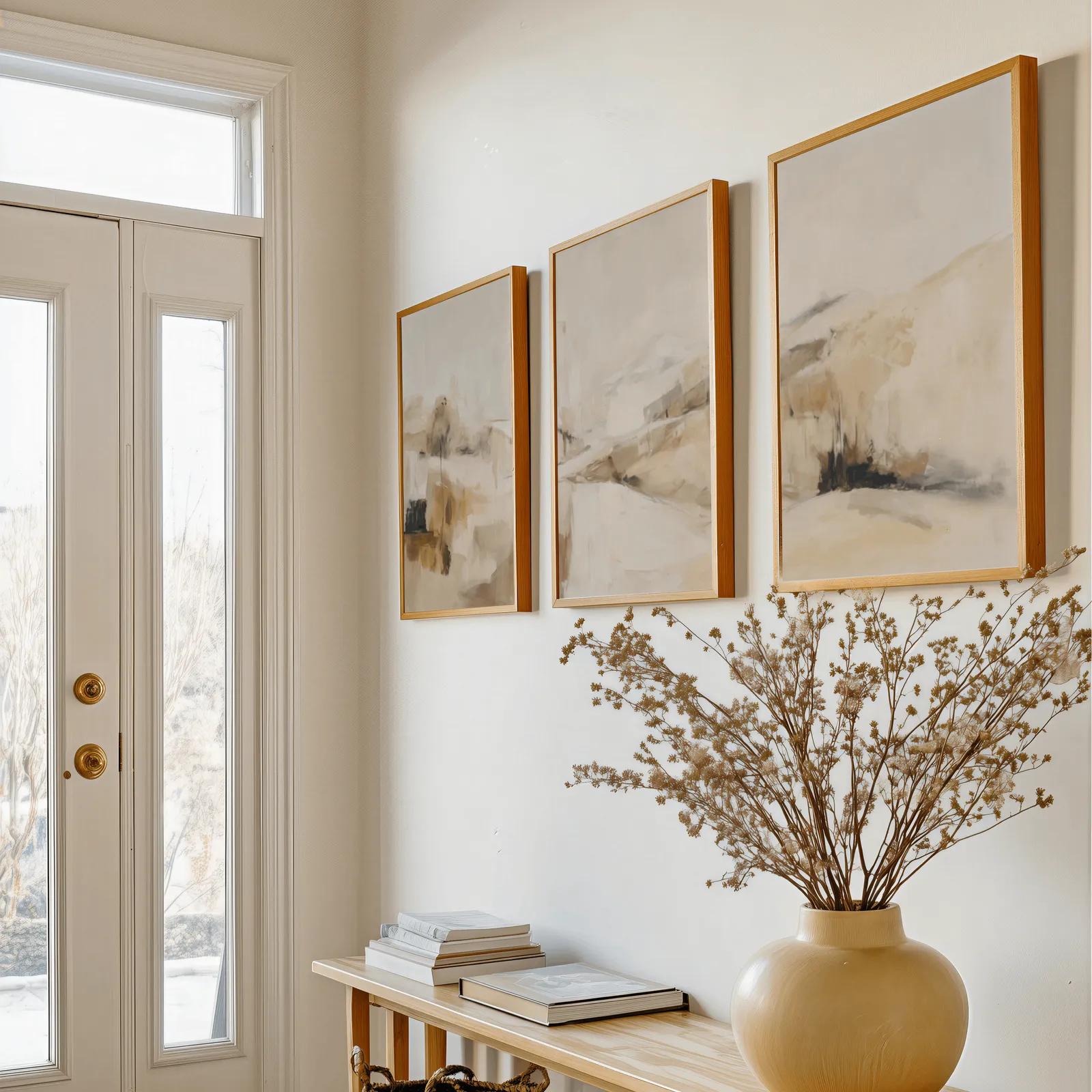 beige abstract landscape wall art set of three, above a console table with a yellow vase of dried branches