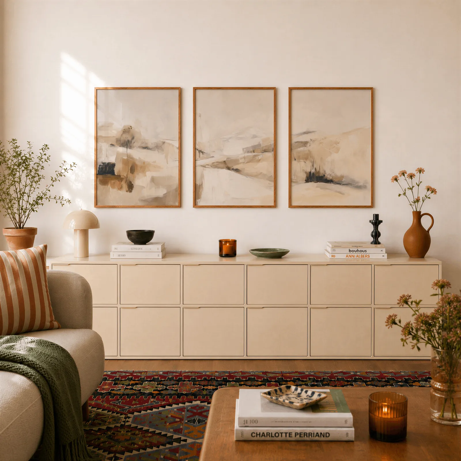 beige abstract landscape wall art set of three, above a long cream sideboard topped with books and a terracotta jug