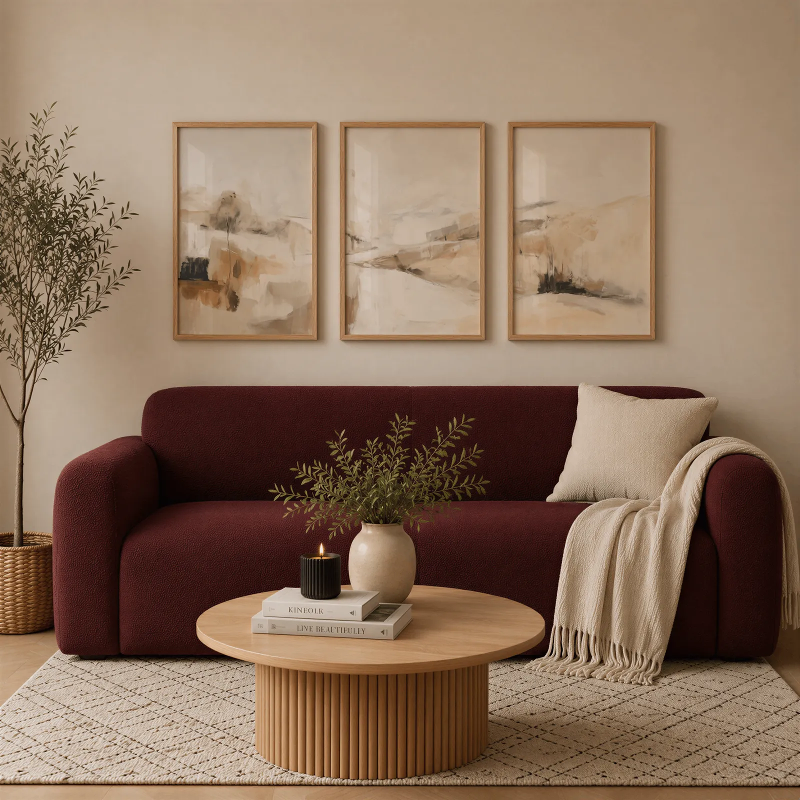 beige abstract landscape wall art set of three, above a burgundy boucle sofa with a cream throw