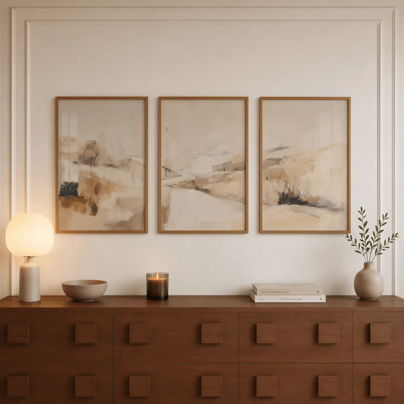 beige abstract landscape wall art set of three, above a walnut sideboard with a lit candle and glowing lamp