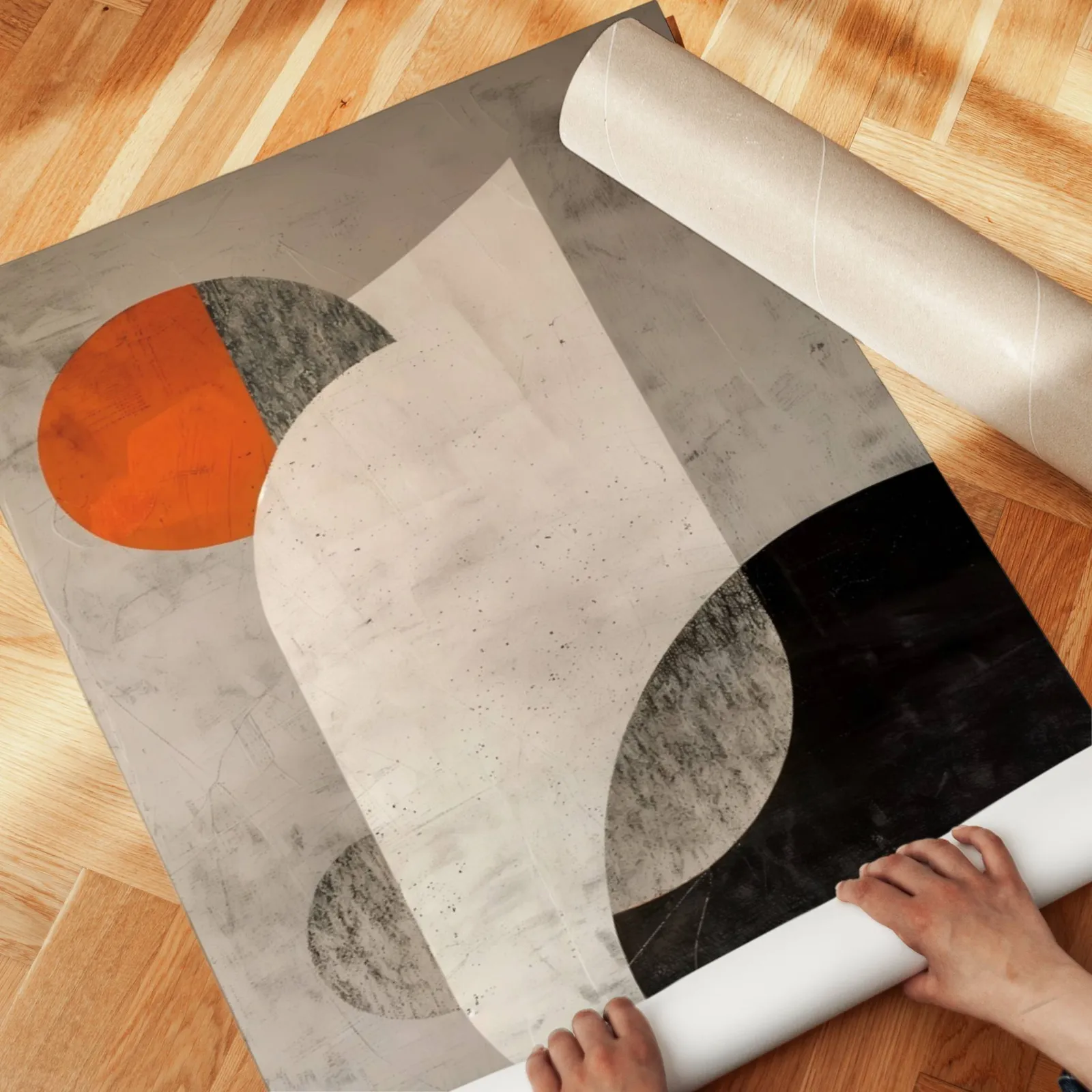 orange and black abstract geometric wall art, unrolled across a herringbone parquet floor by hand
