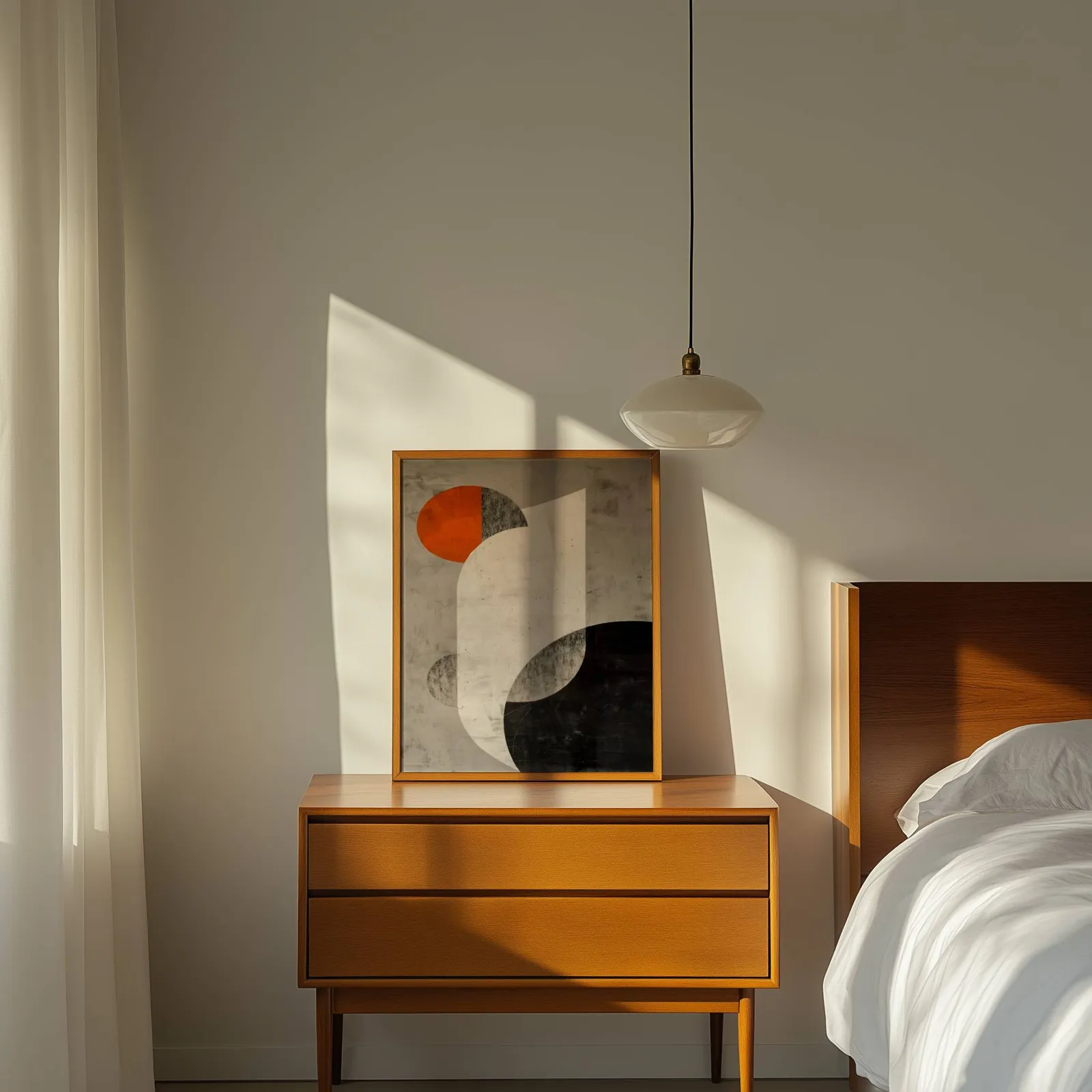 orange and black abstract geometric wall art, propped on a wooden dresser beside a pendant lamp