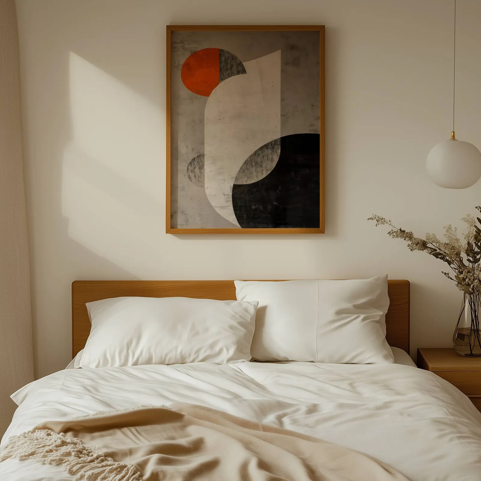 orange and black abstract geometric wall art, above a wooden headboard with white linen pillows