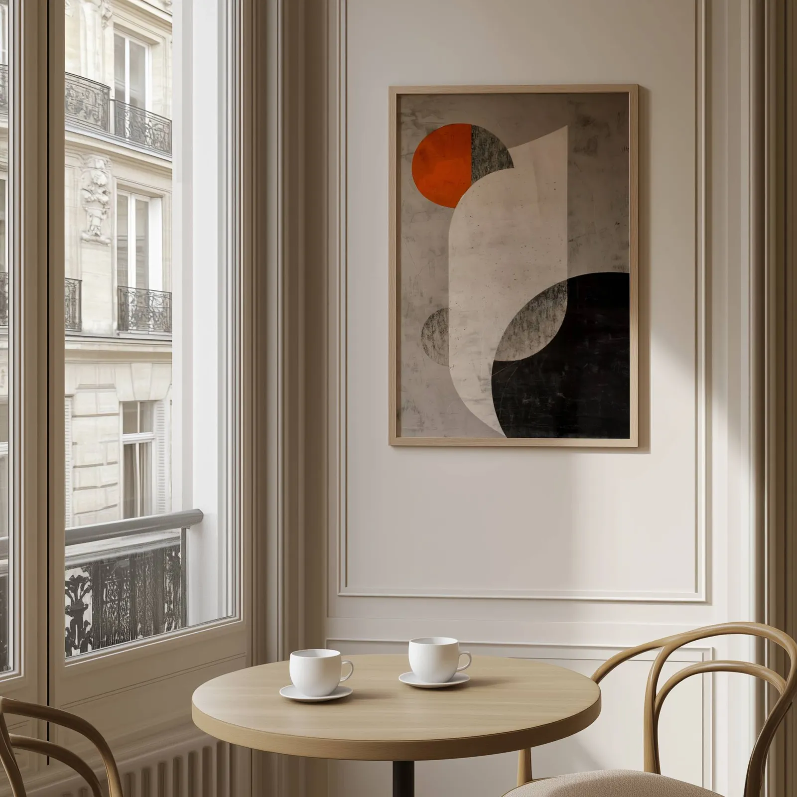 orange and black abstract geometric wall art, above a round café table set with two coffee cups
