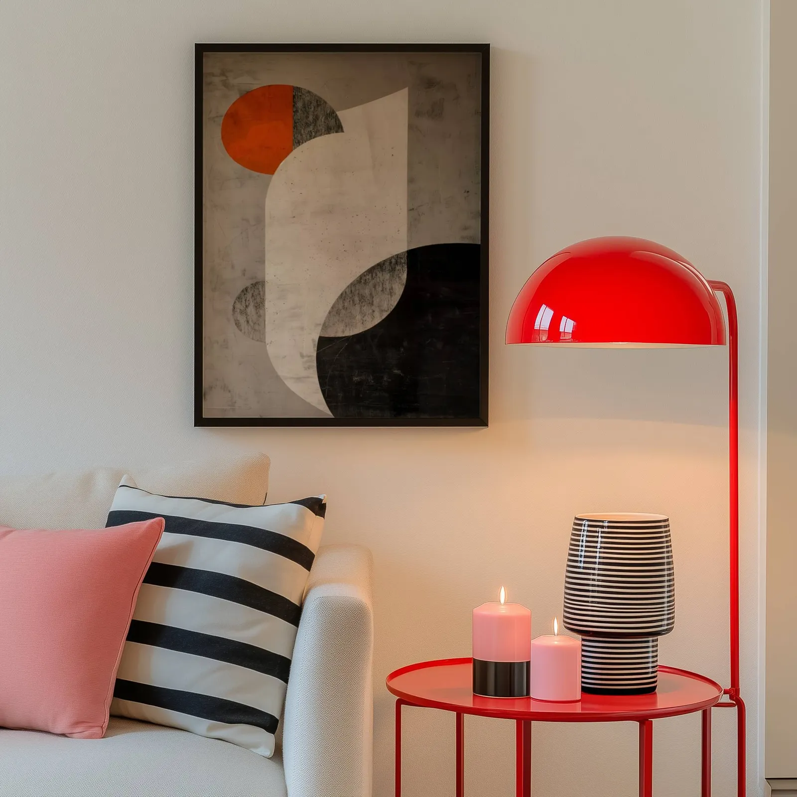 orange and black abstract geometric wall art, above a cream sofa beside a glossy red dome lamp