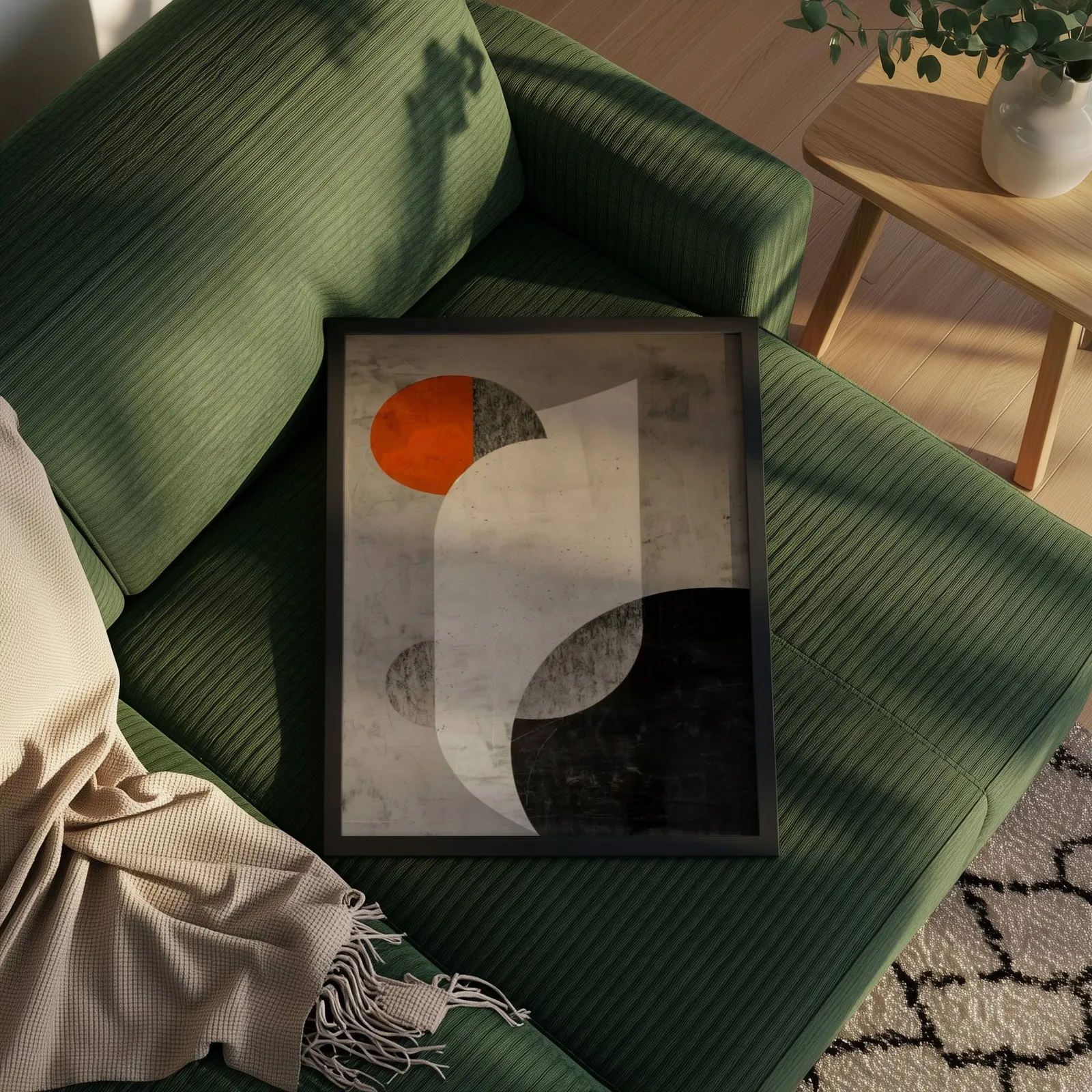 orange and black abstract geometric wall art, propped on a ribbed olive-green sofa beside a fringed throw