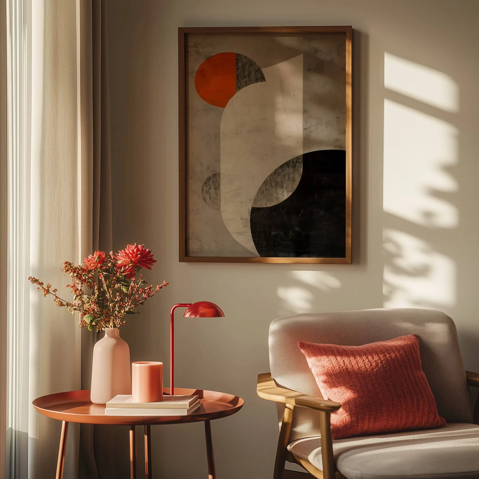orange and black abstract geometric wall art, above a round side table with a red lamp and dahlias