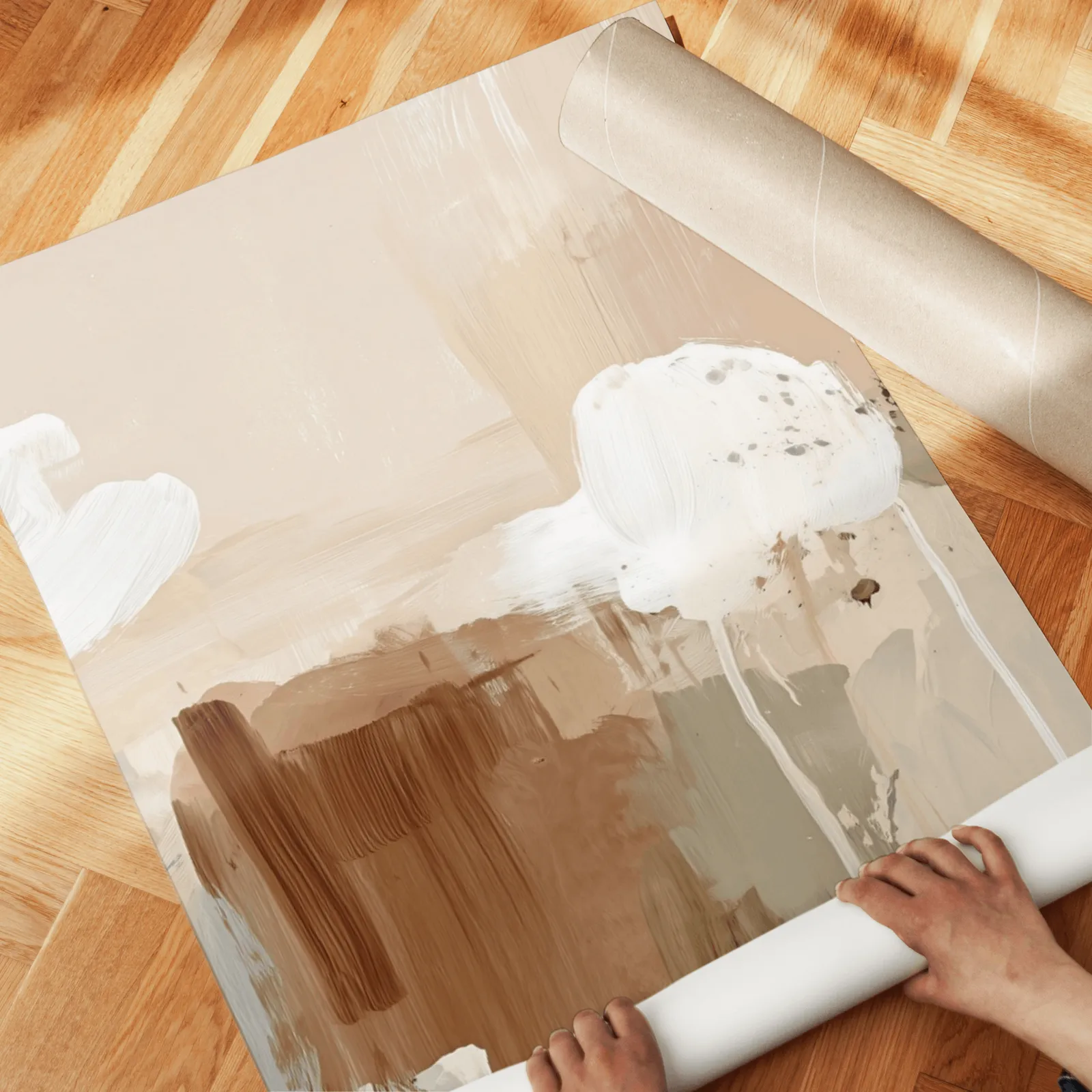 beige abstract wall art set of three, unrolled across a herringbone wood floor by hand