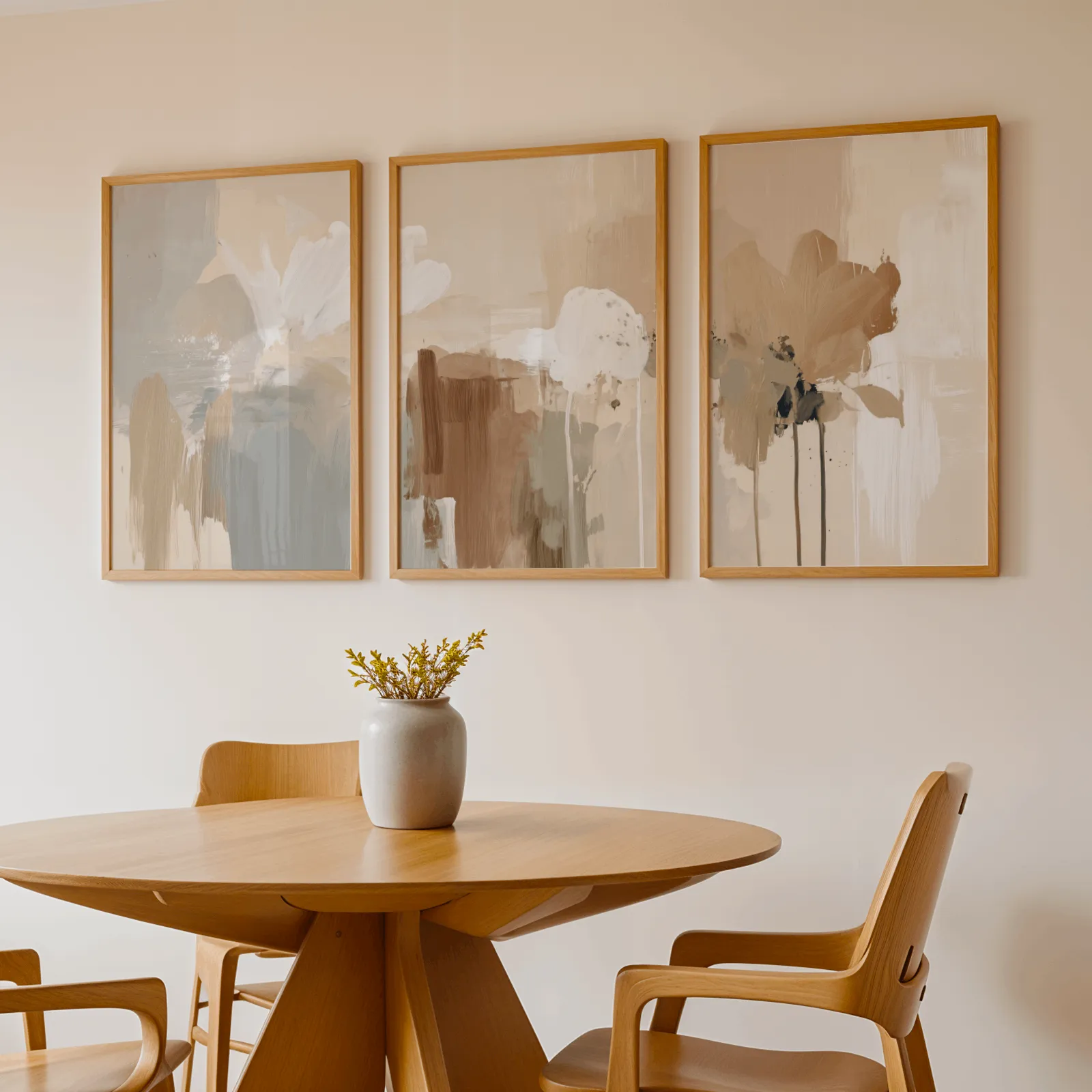 beige abstract wall art set of three, above a round wooden table with a stoneware vase