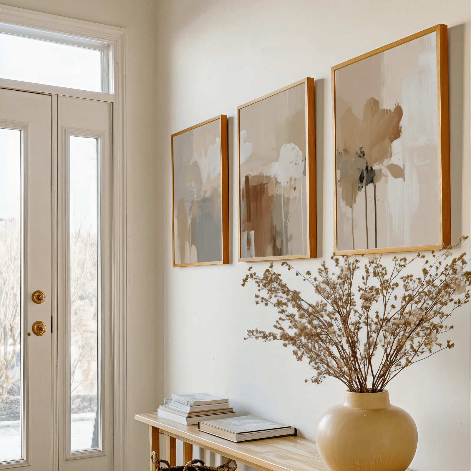 beige abstract wall art set of three, above a console table with a yellow vase of dried branches
