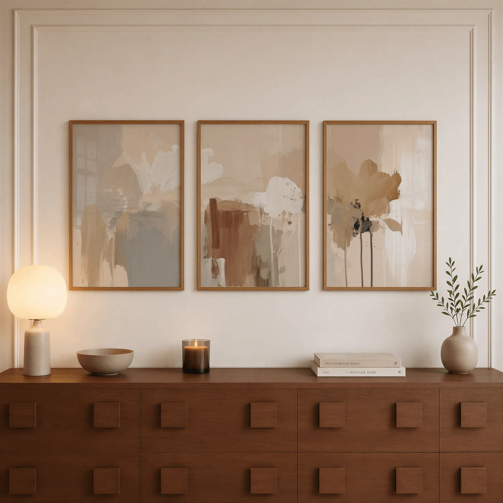 beige abstract wall art set of three, above a walnut sideboard with a lit candle and glowing lamp