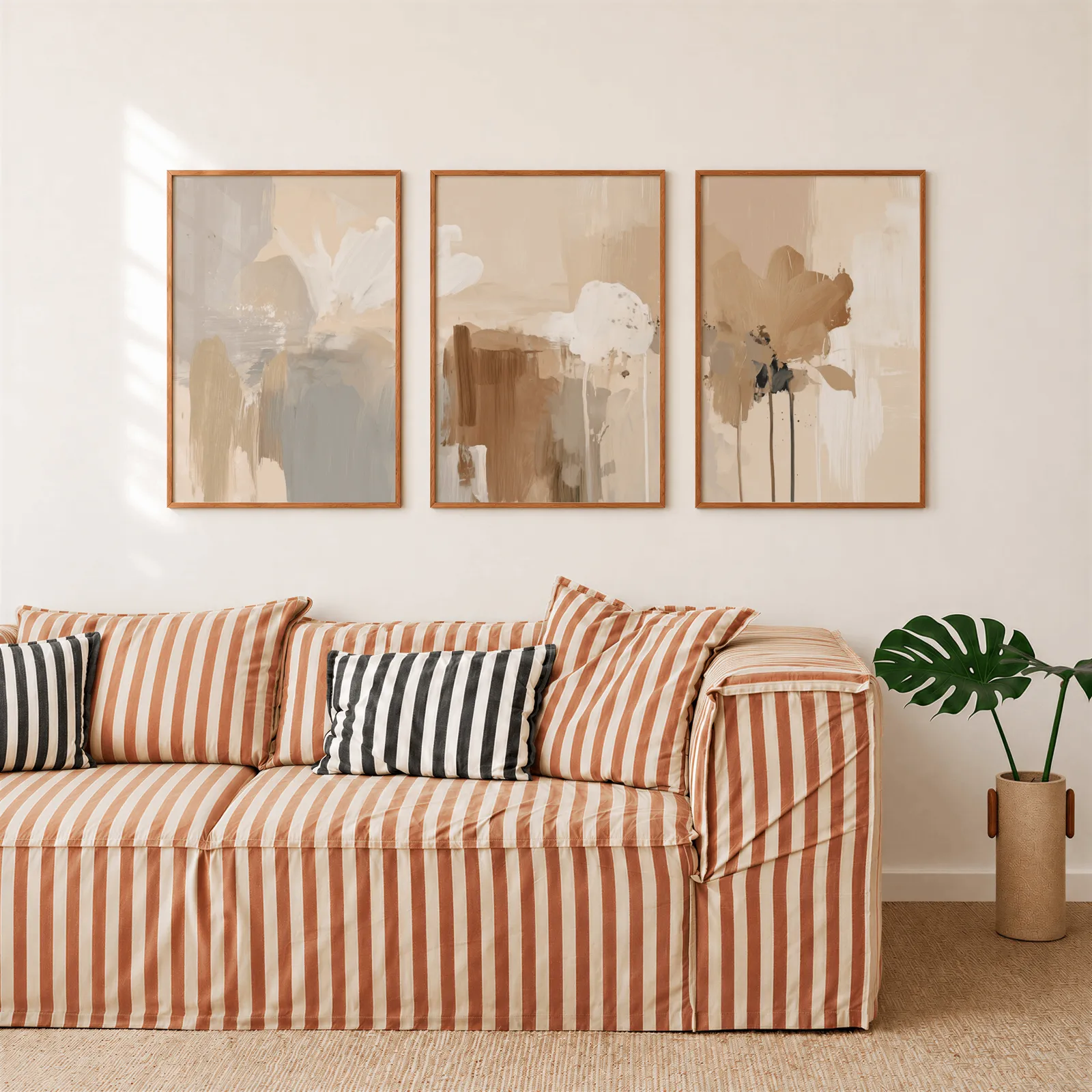 beige abstract wall art set of three, above a rust-striped sofa beside a potted monstera