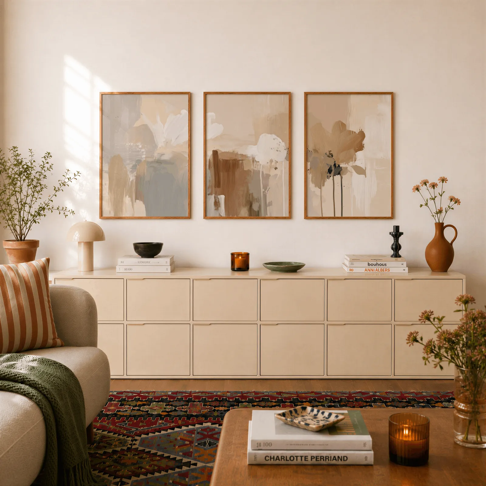 beige abstract wall art set of three, above a long cream sideboard topped with books and a terracotta jug