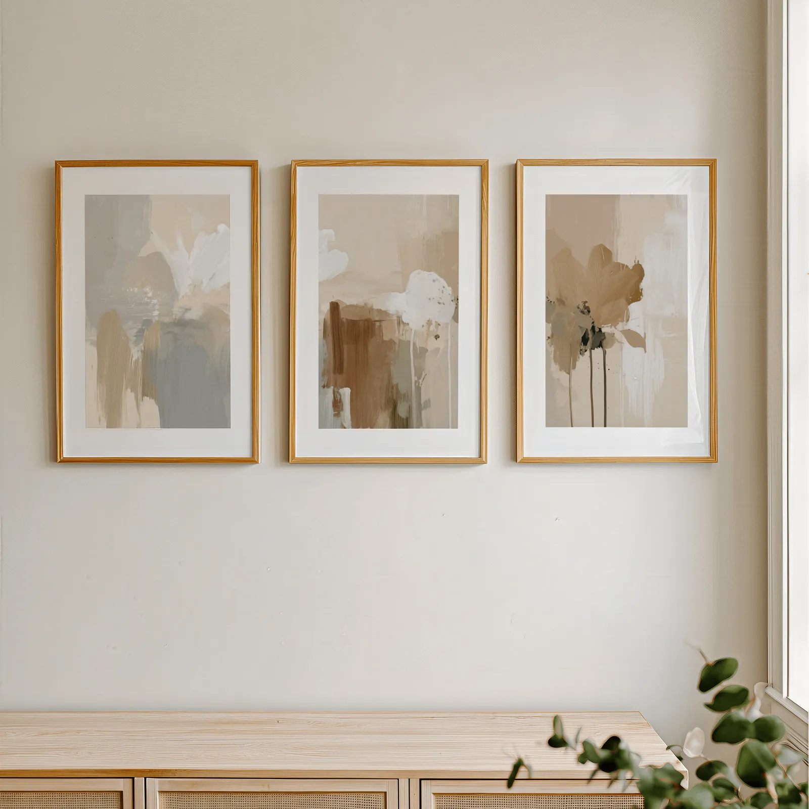 beige abstract wall art set of three, in a row above a light wooden sideboard near a window