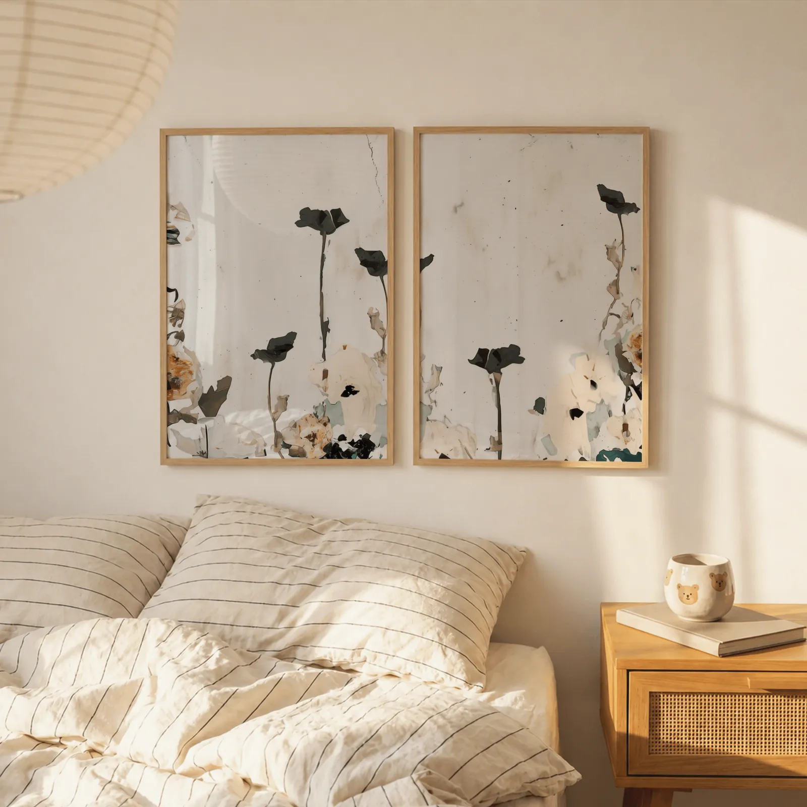 neutral floral wall art set with blush and sage flowers, above a striped linen bed beside a paper lantern shade
