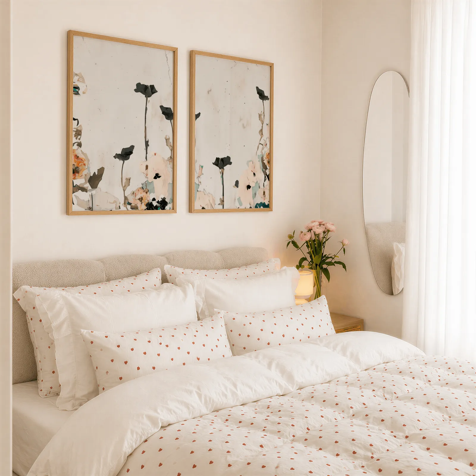 neutral floral wall art set with blush and sage flowers, above a tufted headboard piled with heart-print pillows