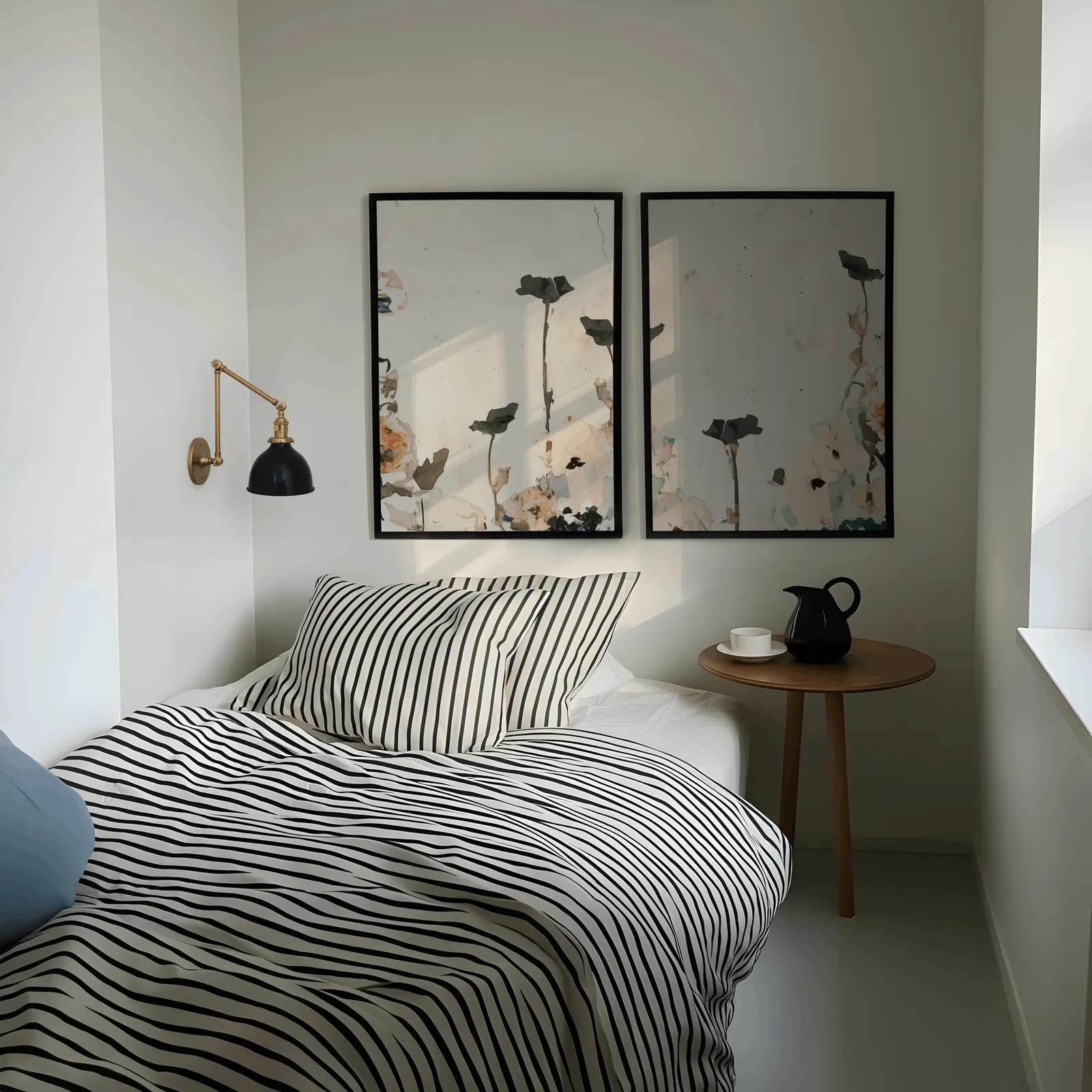 neutral floral wall art set with blush and sage flowers, above a striped bed beside a brass swing-arm lamp