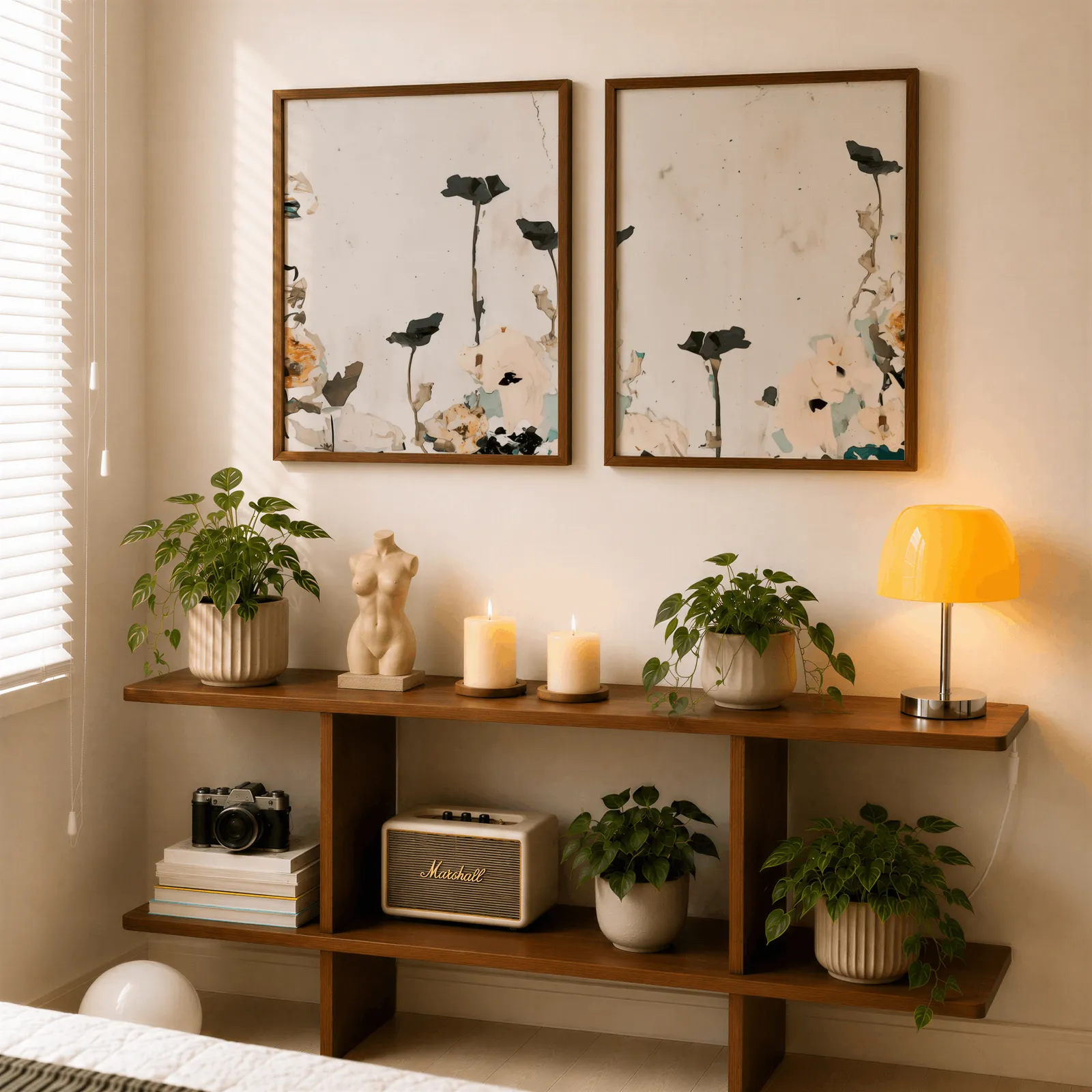neutral floral wall art set with blush and sage flowers, above a wooden console shelf with potted plants and a yellow lamp
