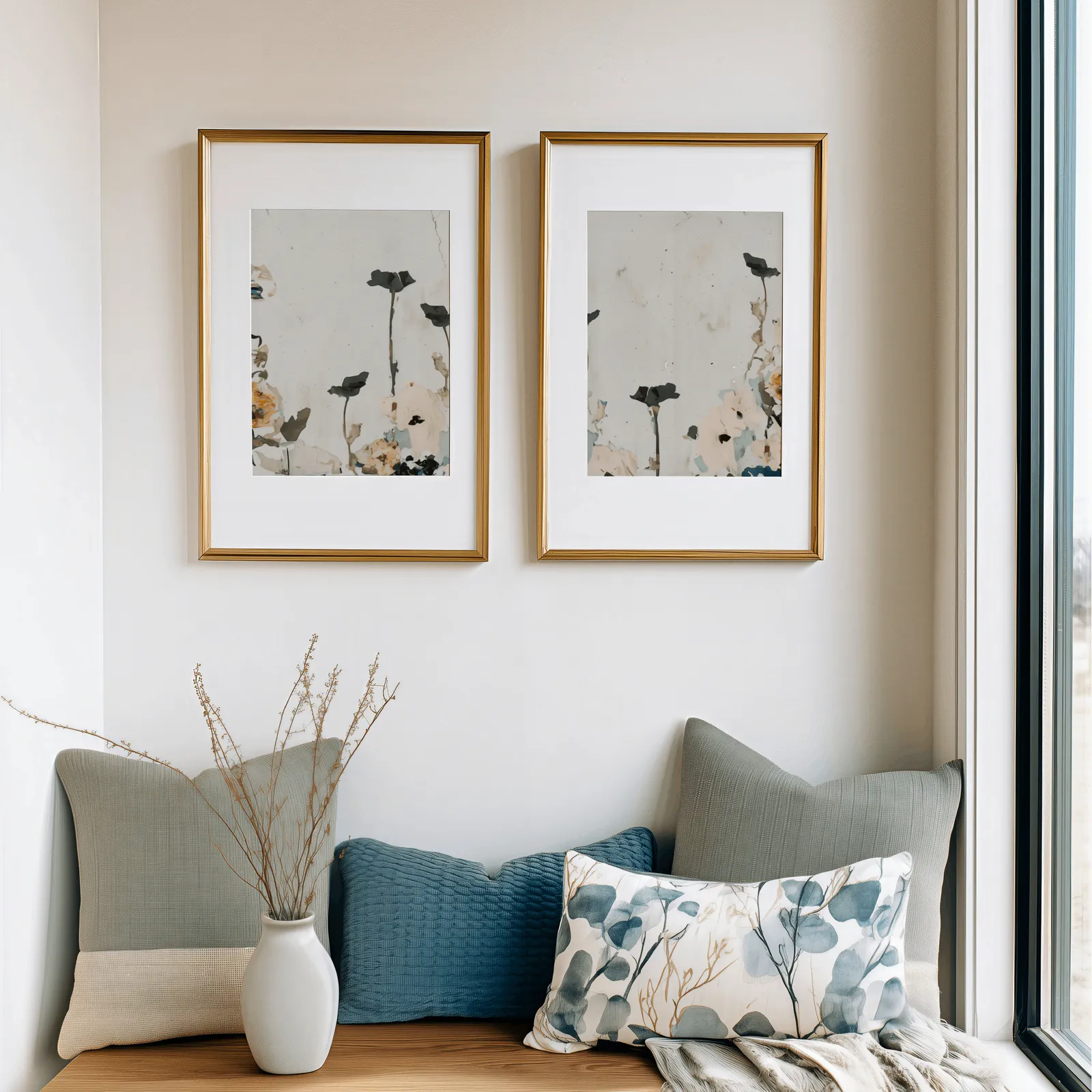 neutral floral wall art set with blush and sage flowers, above a cushioned window seat with sage and blue pillows